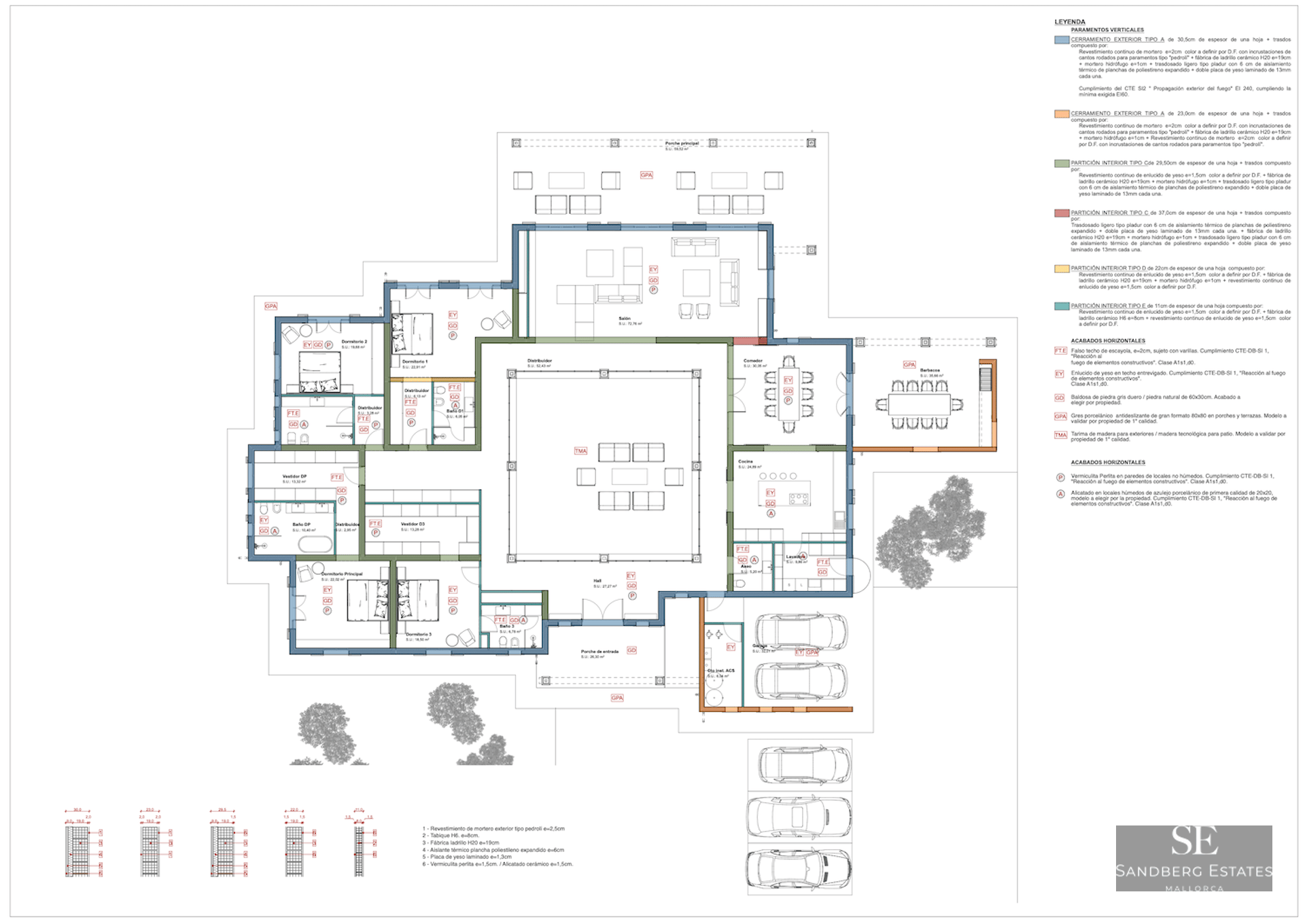 Detailed architectural floor plan showing room layouts, garage, and terraces of a luxury villa.