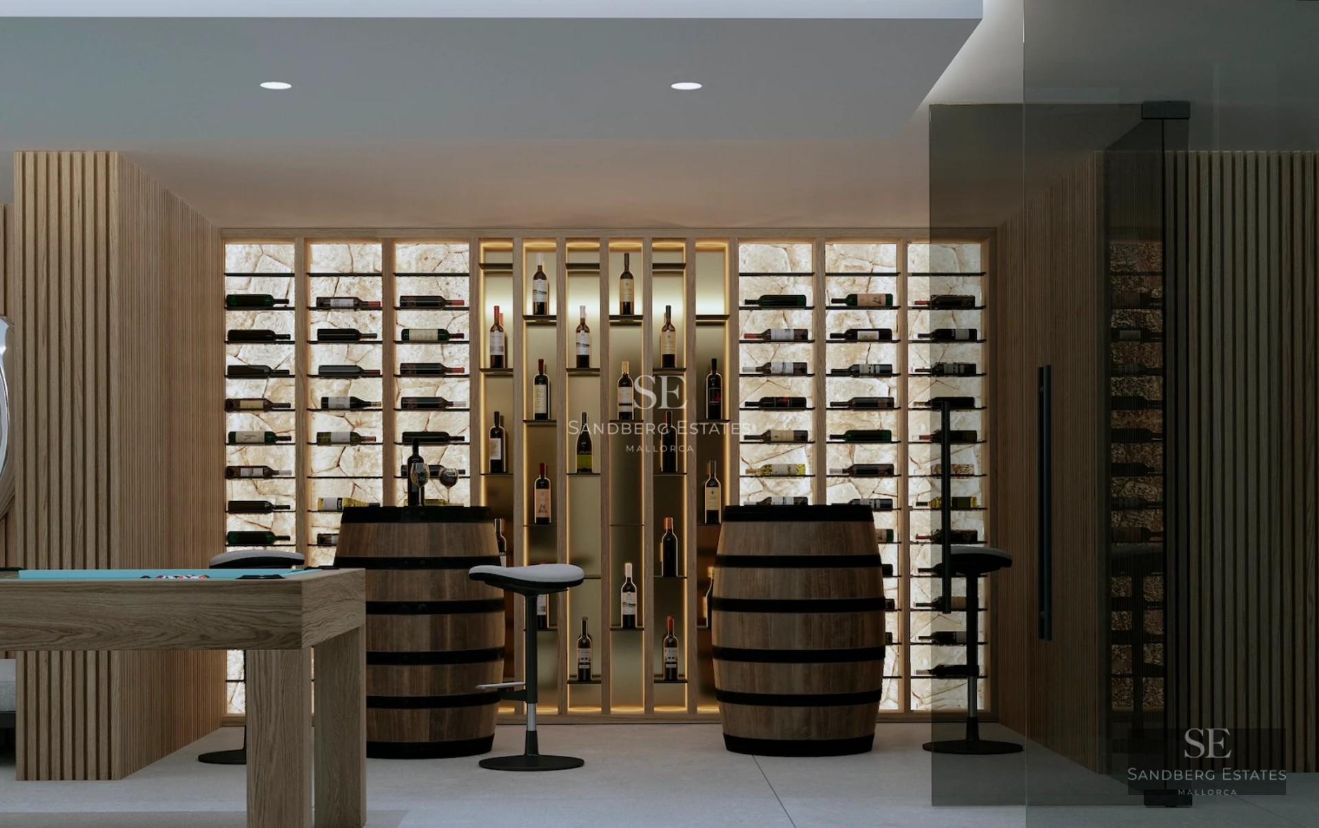 Aerial view of a modern villa with infinity pool, lush garden, and minimalist architecture. Spacious and bright spaces.