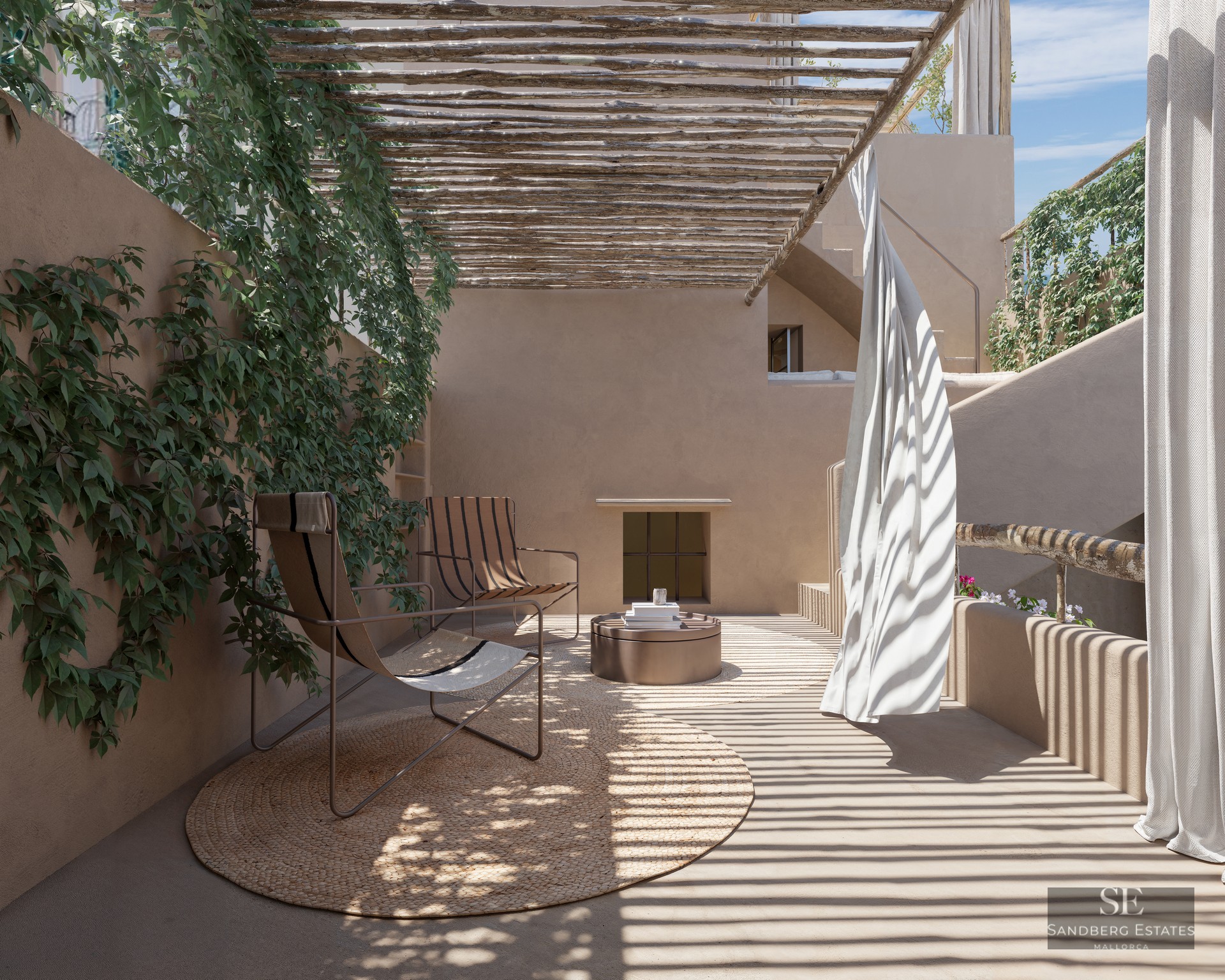 Sun-drenched patio with a wooden pergola casting striped shadows over minimalist chairs and lush climbing plants.