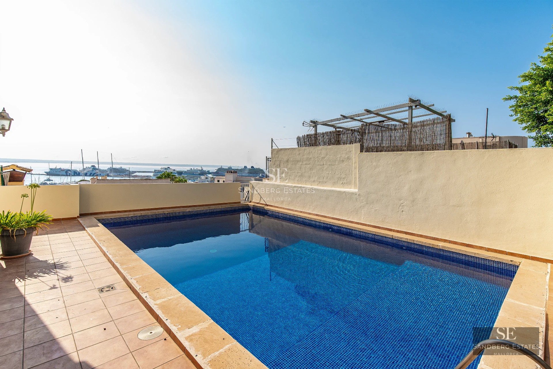 Expansive terrace with infinity pool and panoramic views. Modern design, sun loungers, and lush vegetation.