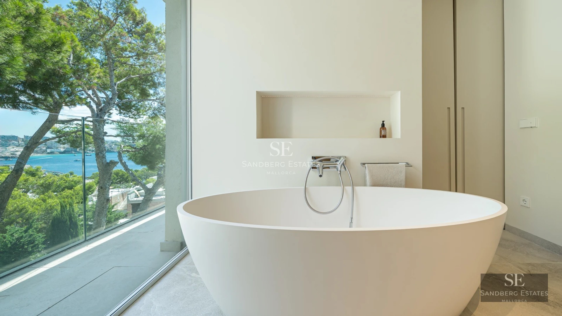 View of a modern house with reflecting pool, lush garden, and large windows. Minimalist architecture.