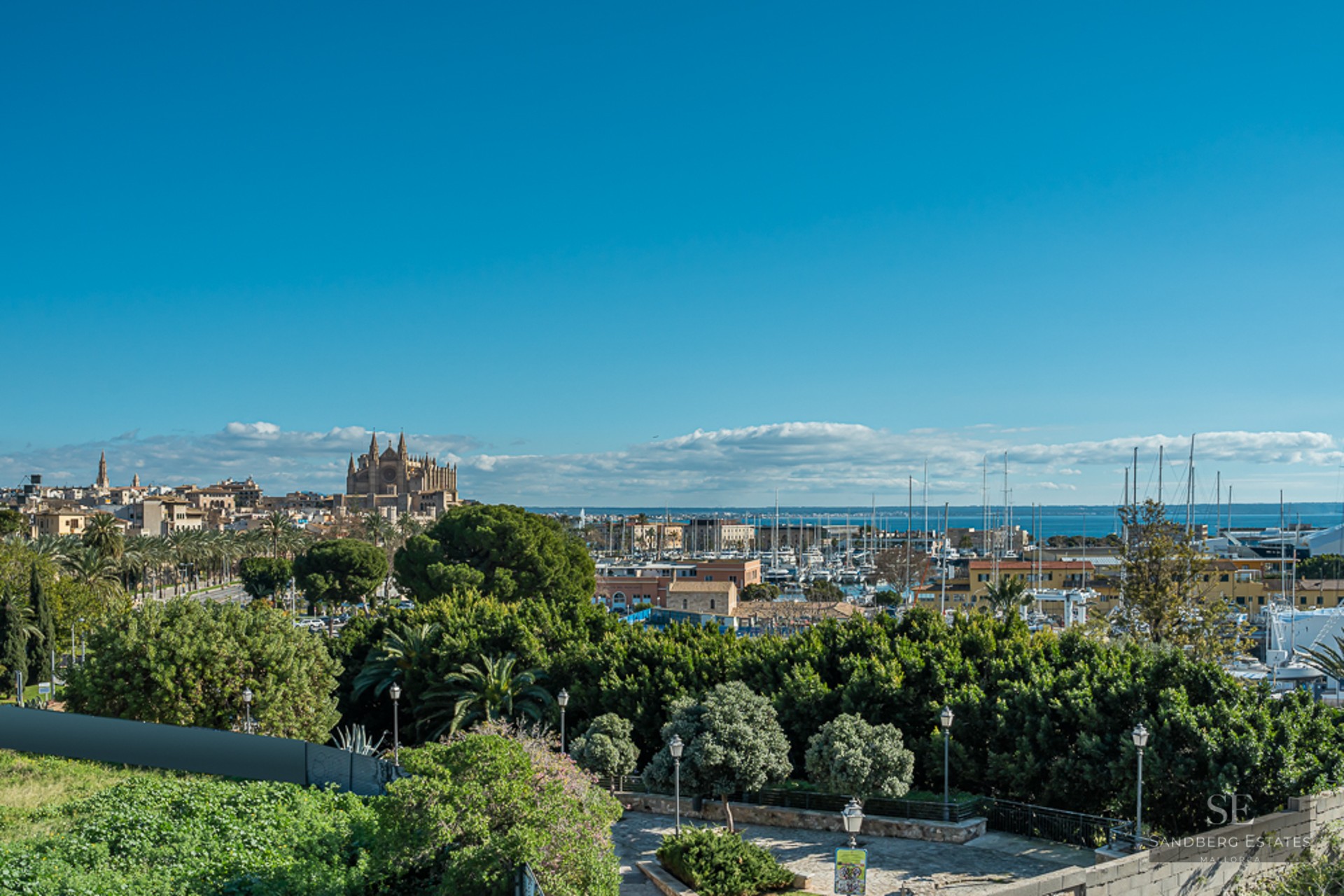 Scenic view overlooking lush green trees toward the Palma Cathedral and a harbor filled with sailboats under a blue sky.