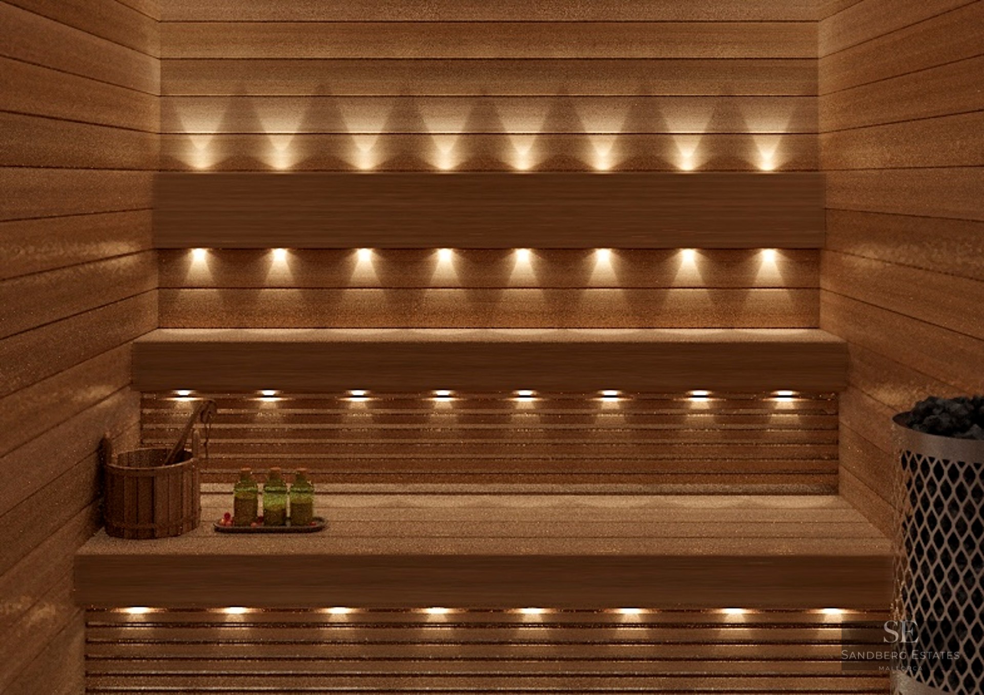 Interior of a wooden sauna with warm integrated lighting, wooden benches, and wellness accessories.