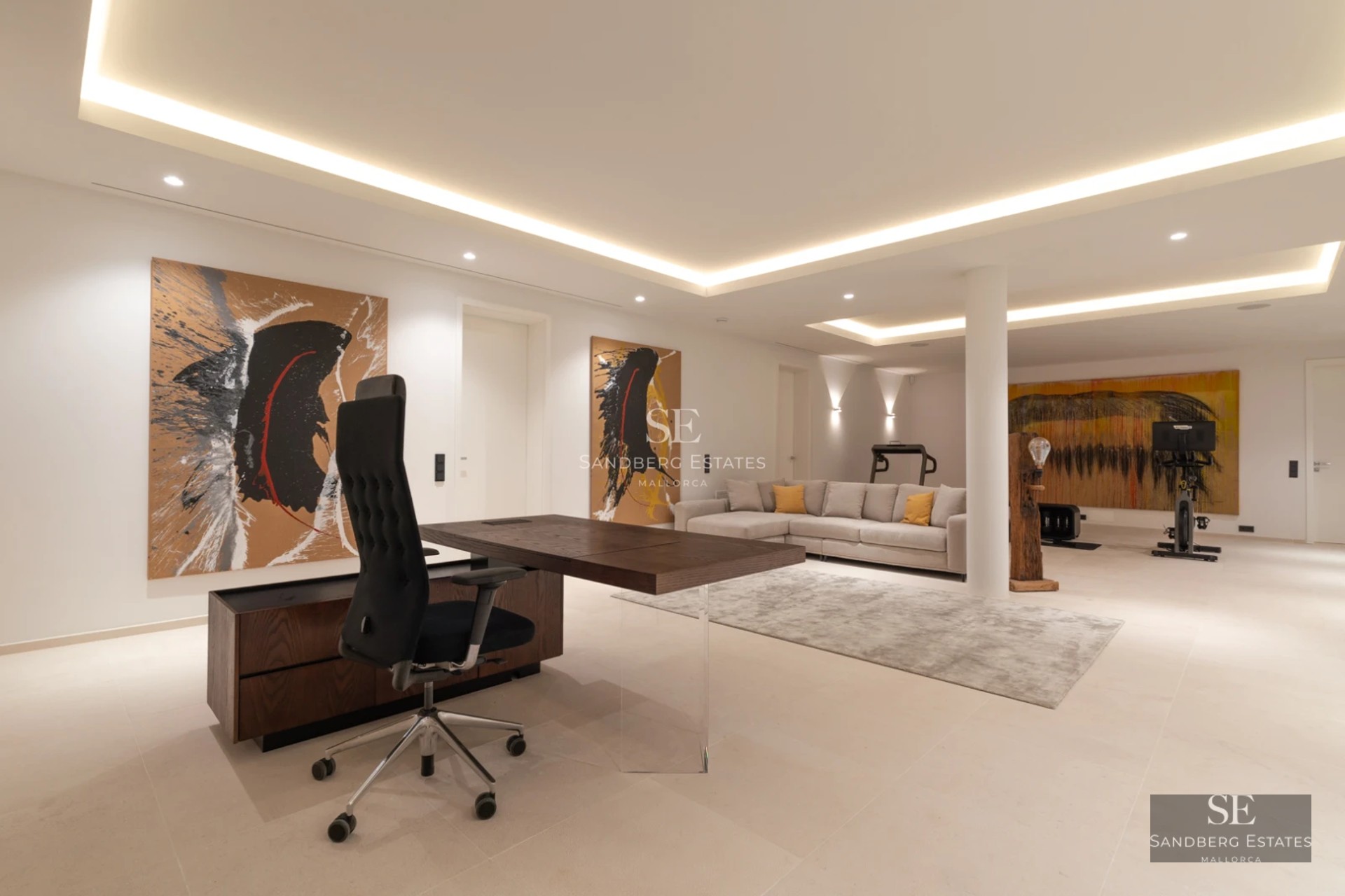 Aerial view of modern villa with infinity pool, lush garden & minimalist architecture. Spacious terraces & panoramic views.