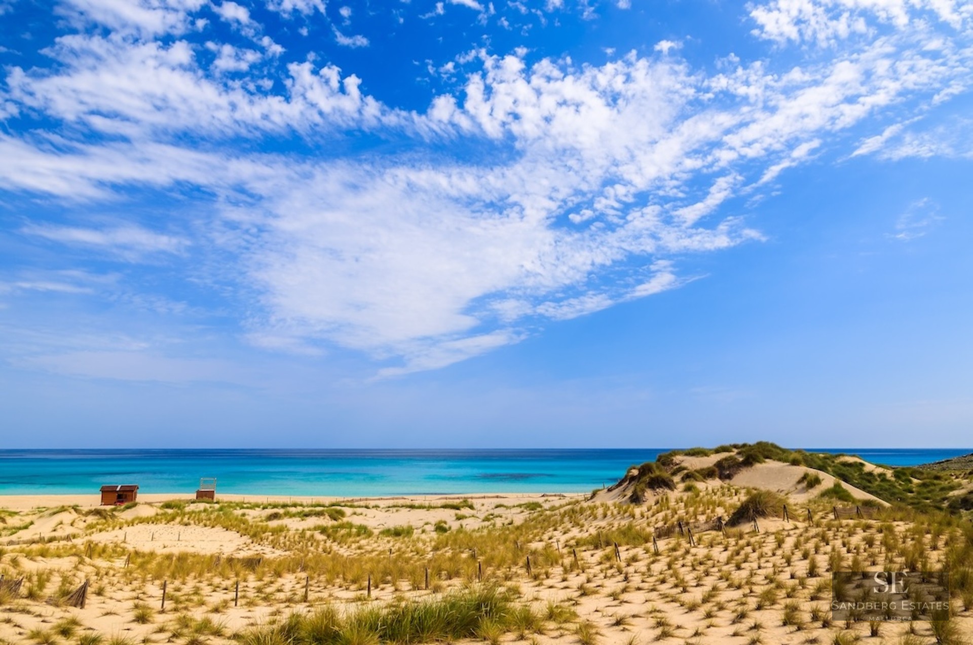Golden sand dunes leading to a turquoise ocean under a bright blue sky with wispy white clouds.