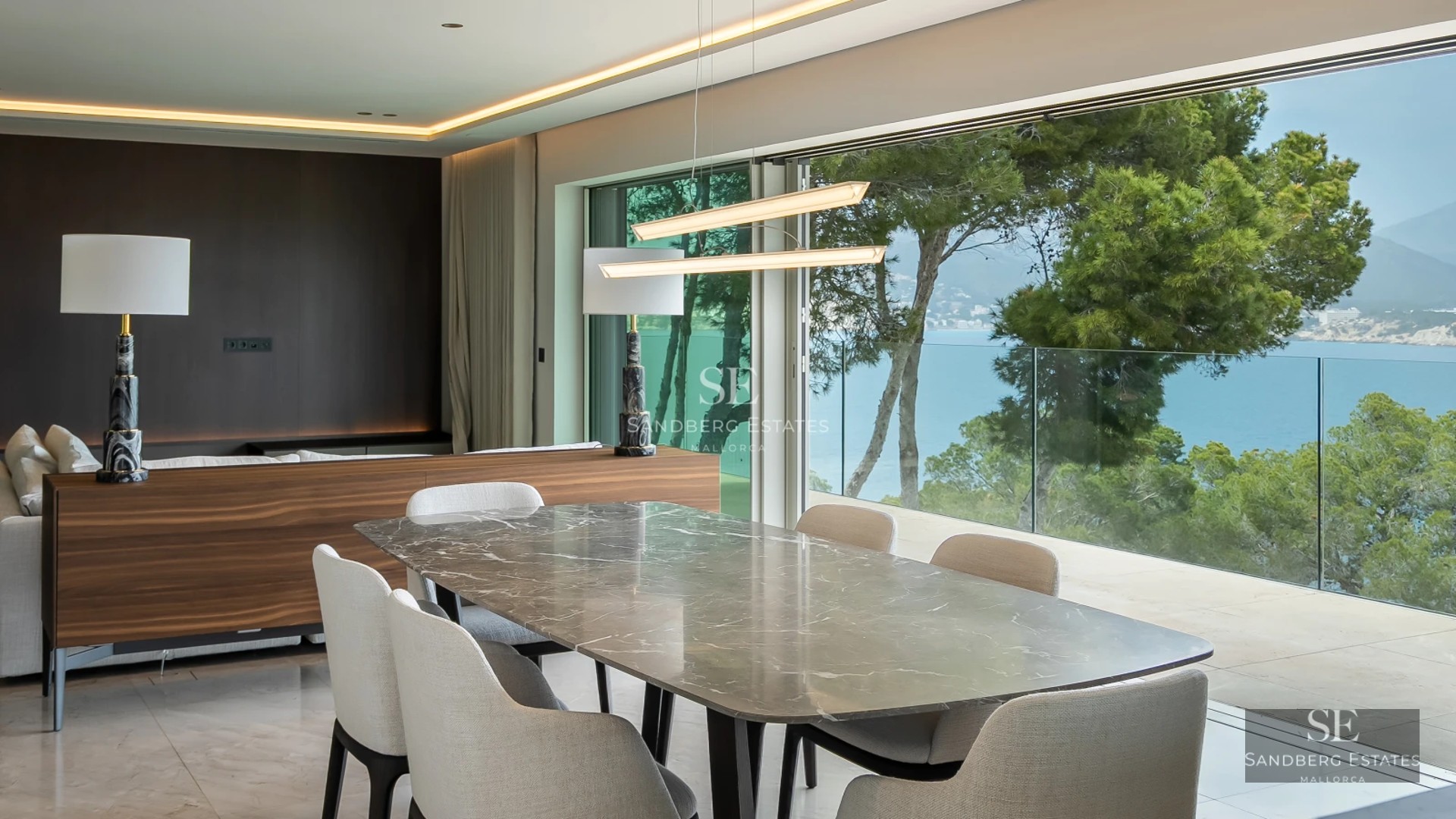 Exterior view of a modern villa with an infinity pool, lush garden and contemporary architectural design. Ample natural light.