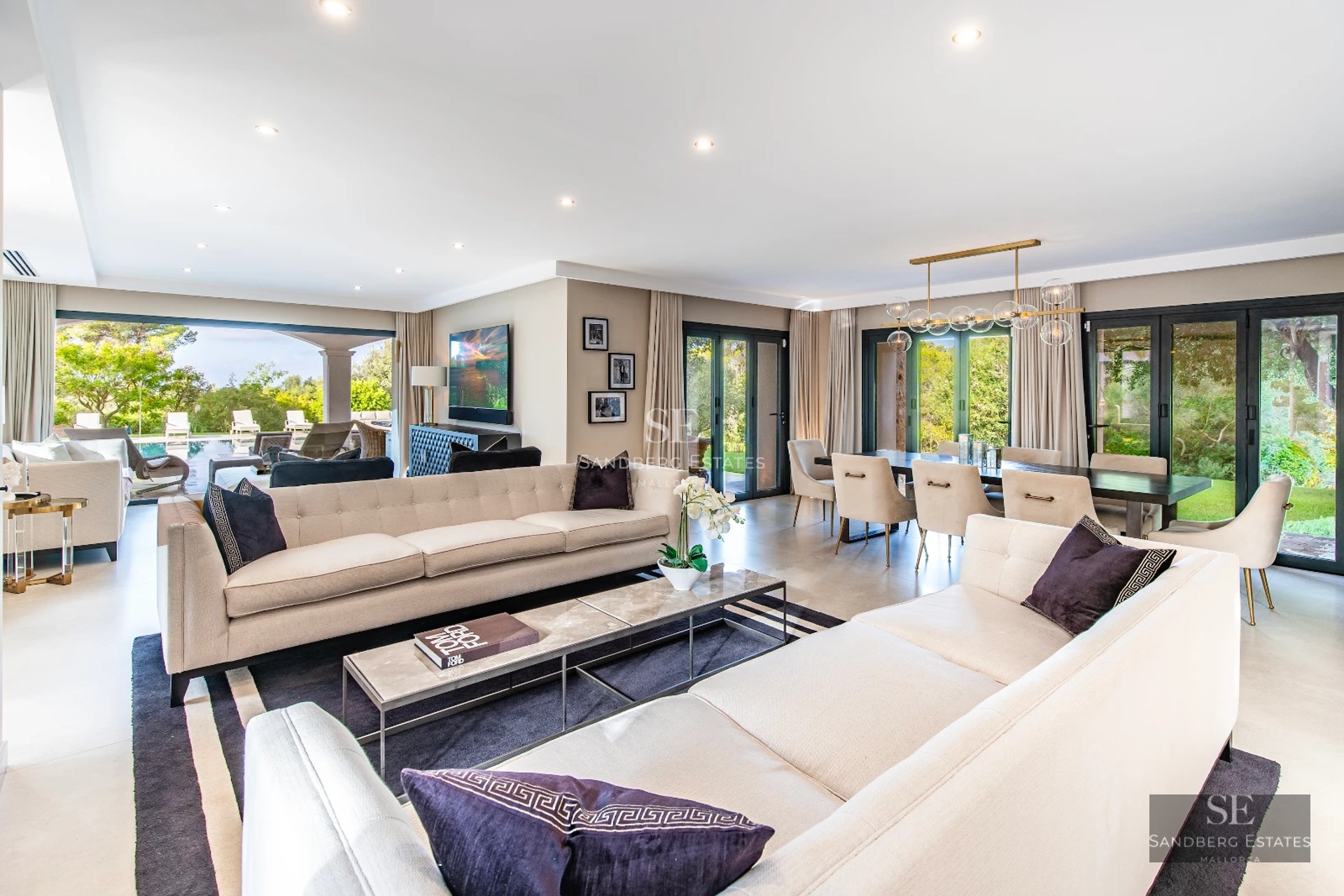 Spacious pool bordered by lush greenery and a modern villa with large windows reflecting sunlight.