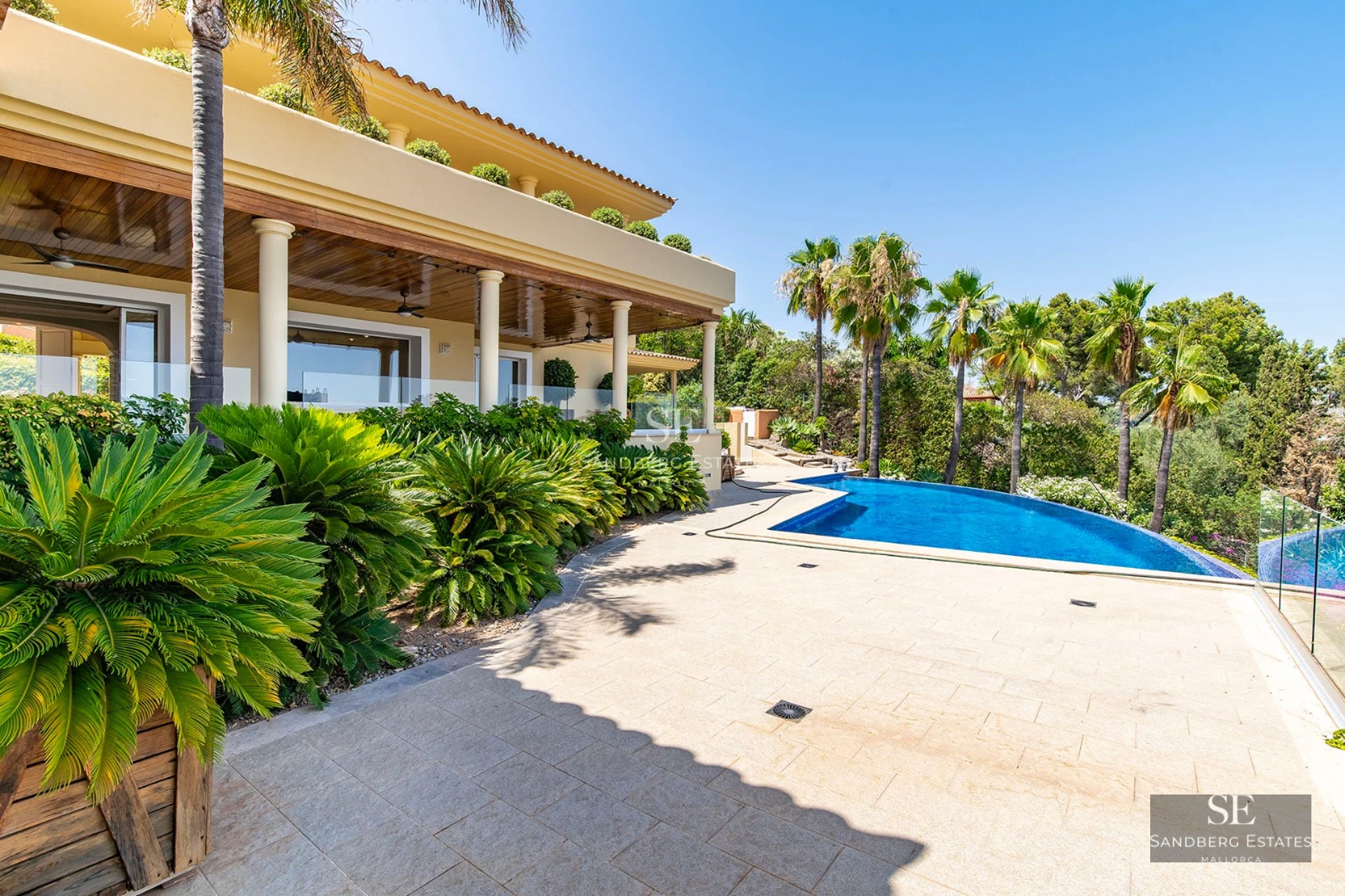 Spacious terrace with infinity pool, panoramic views. Modern design, elegant furniture, ambient lighting. Luxurious outdoor space.