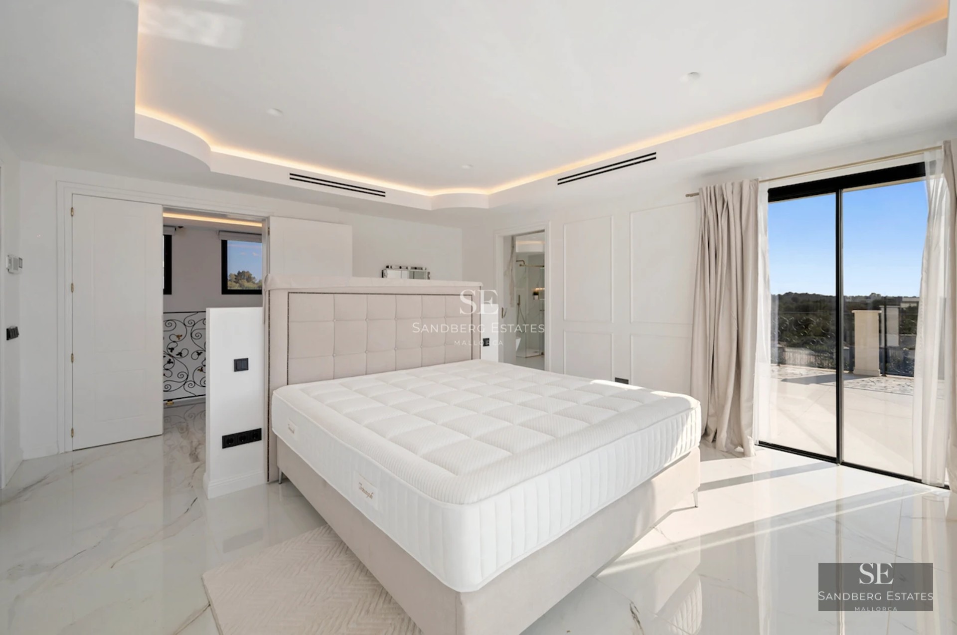 View of a modern villa with a pool, large window and terrace. Minimalist design with natural lighting. Lush garden.