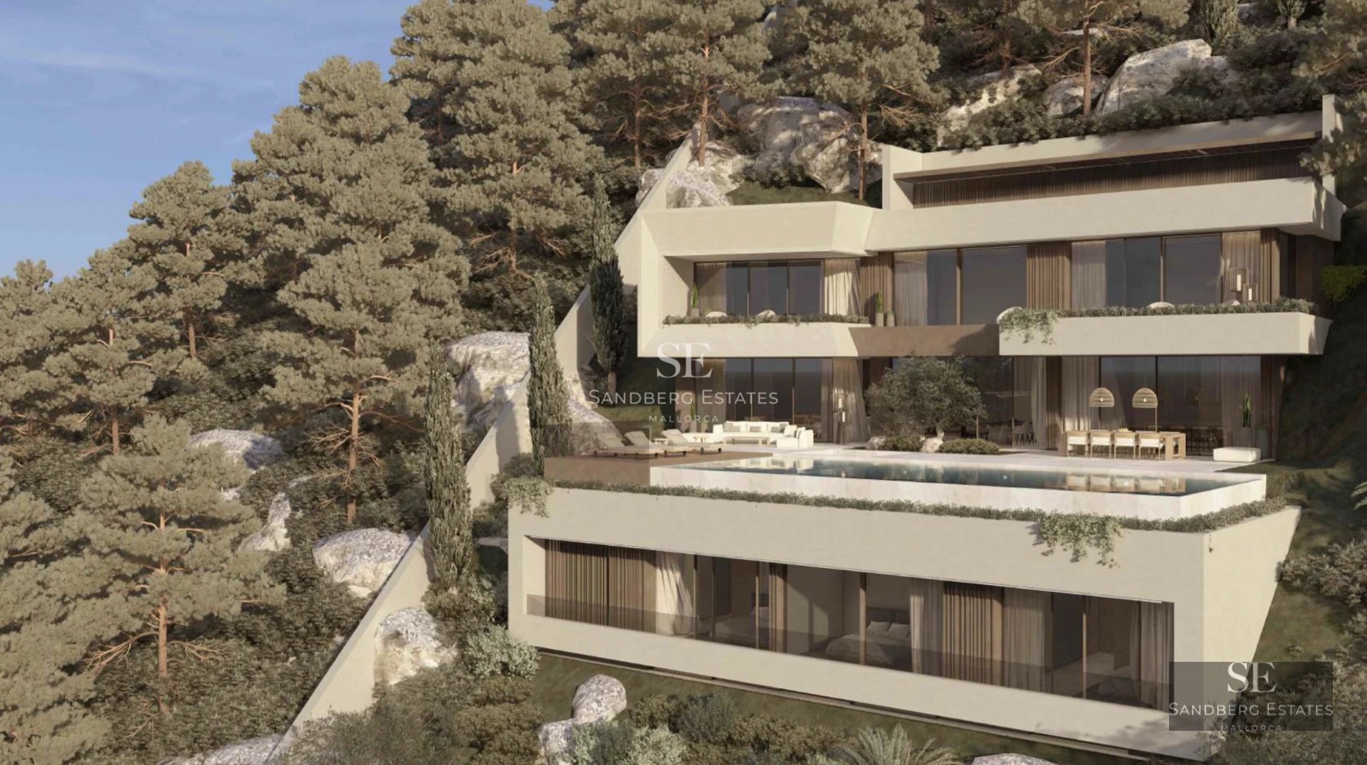 Exterior view of a modern villa featuring an infinity pool, wooden deck, expansive windows, and minimalist landscaping. Contemporary design.