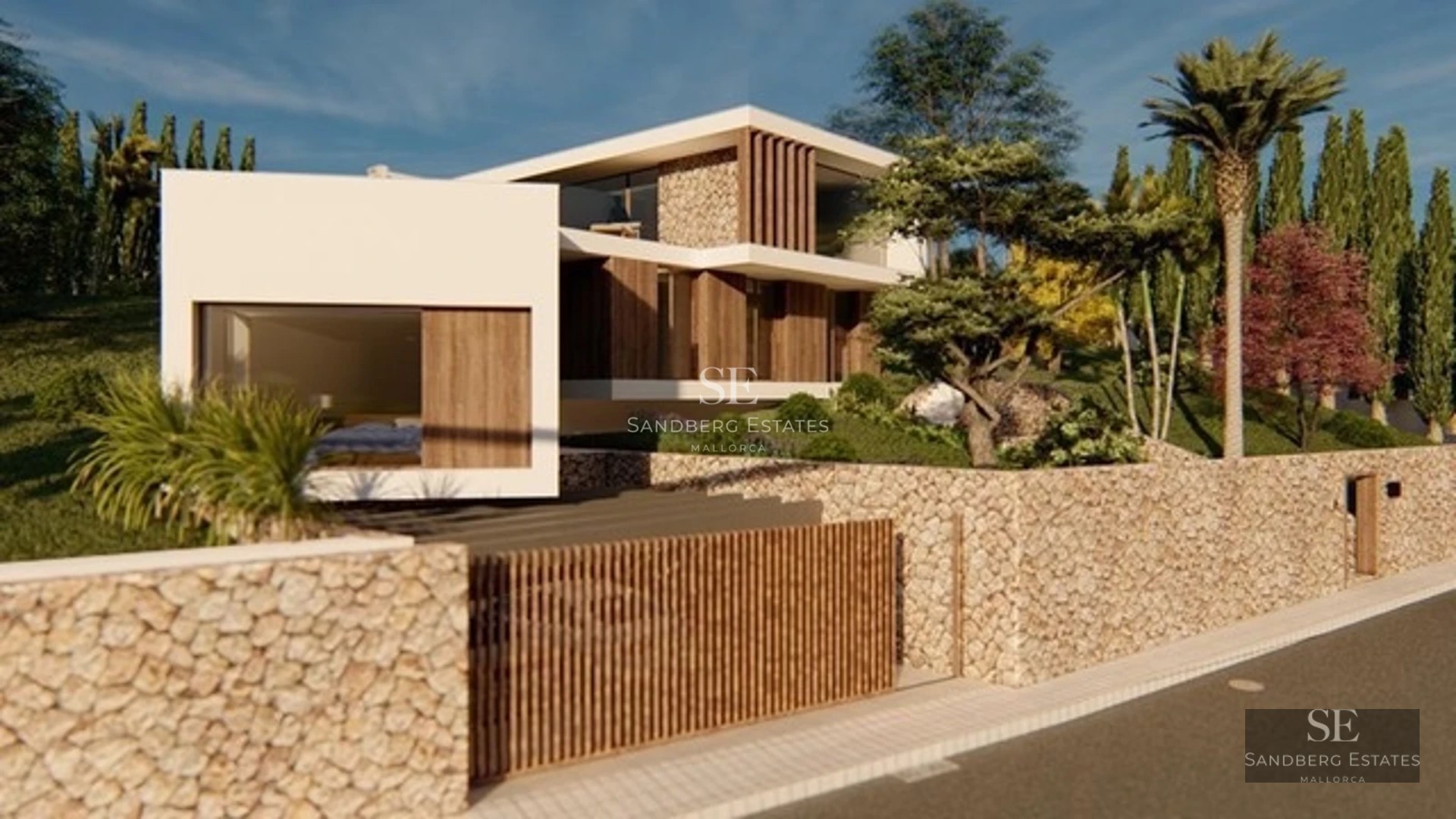 View of infinity pool and terrace of a modern villa with minimalist design, elegant furniture, panoramic sea views. Large windows.