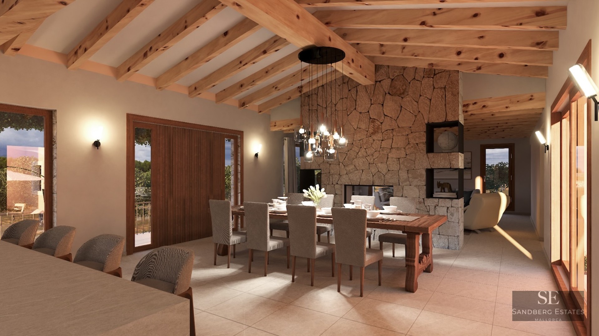Interior view of a luxury dining room with high wooden beam ceilings, a natural stone feature wall, and a large dining table.