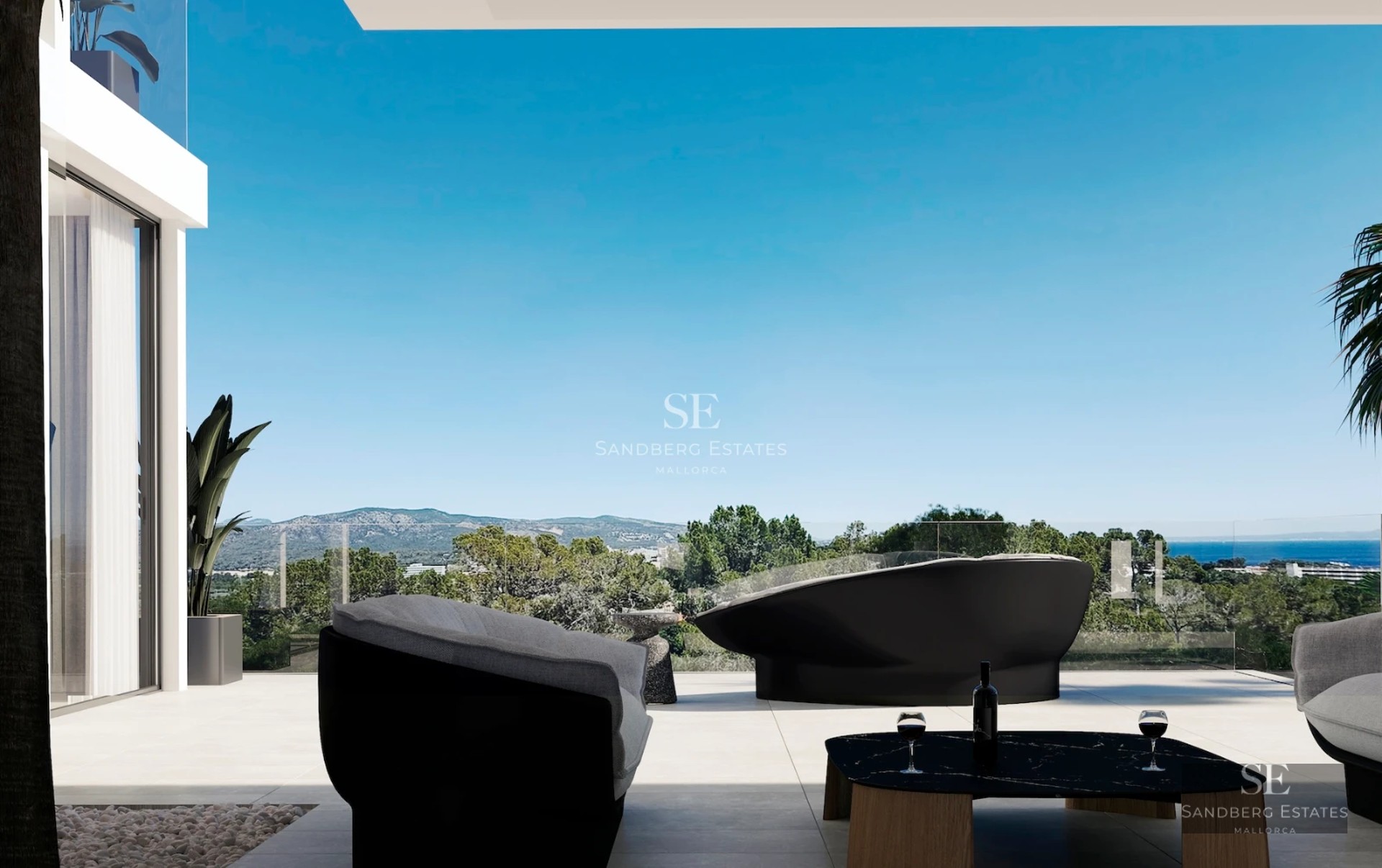 Infinity pool view with lush garden. Modern design with large windows. Elegant and minimalist outdoor furniture.