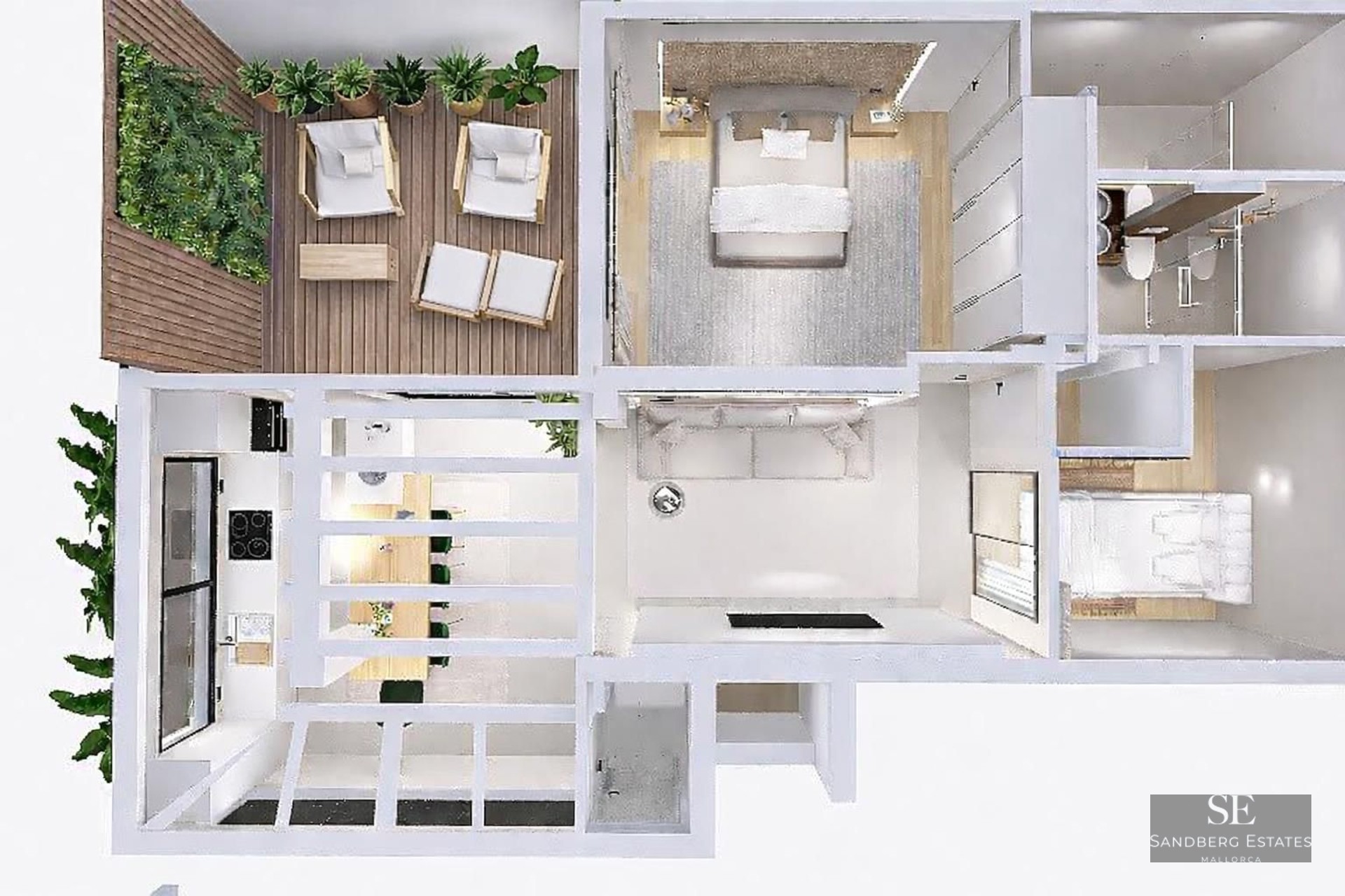3D top-down view of a modern two-bedroom apartment featuring an open kitchen and a spacious wooden terrace with plants.