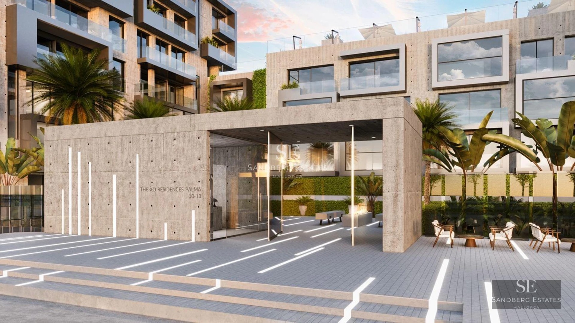 Exterior view of a modern villa with infinity pool, surrounded by lush gardens and minimalist architecture.