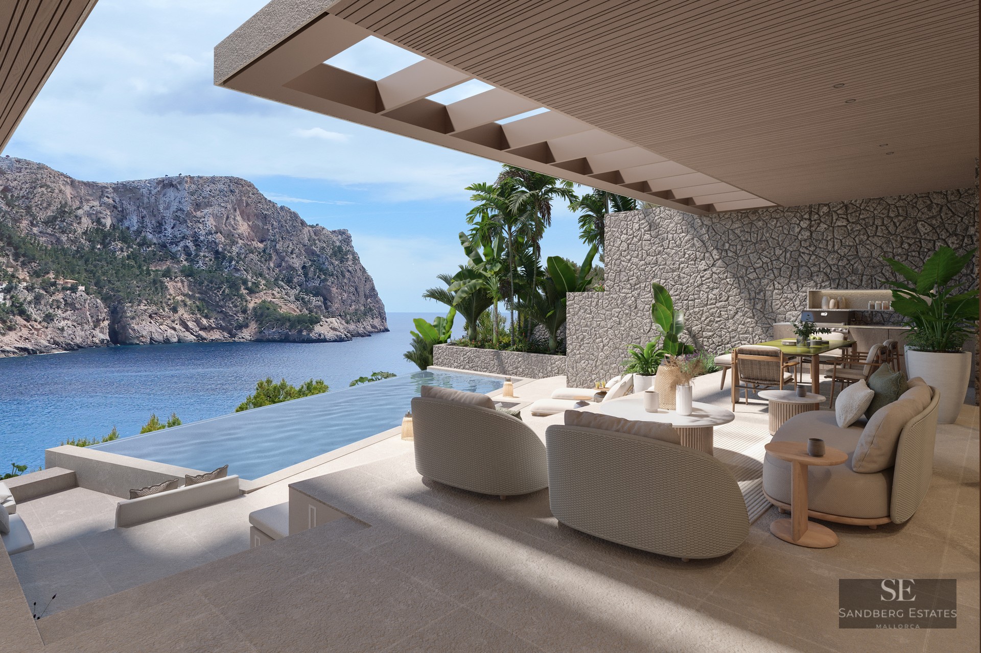 Shaded terrace with designer lounge seating and an infinity pool overlooking coastal cliffs and the blue ocean.