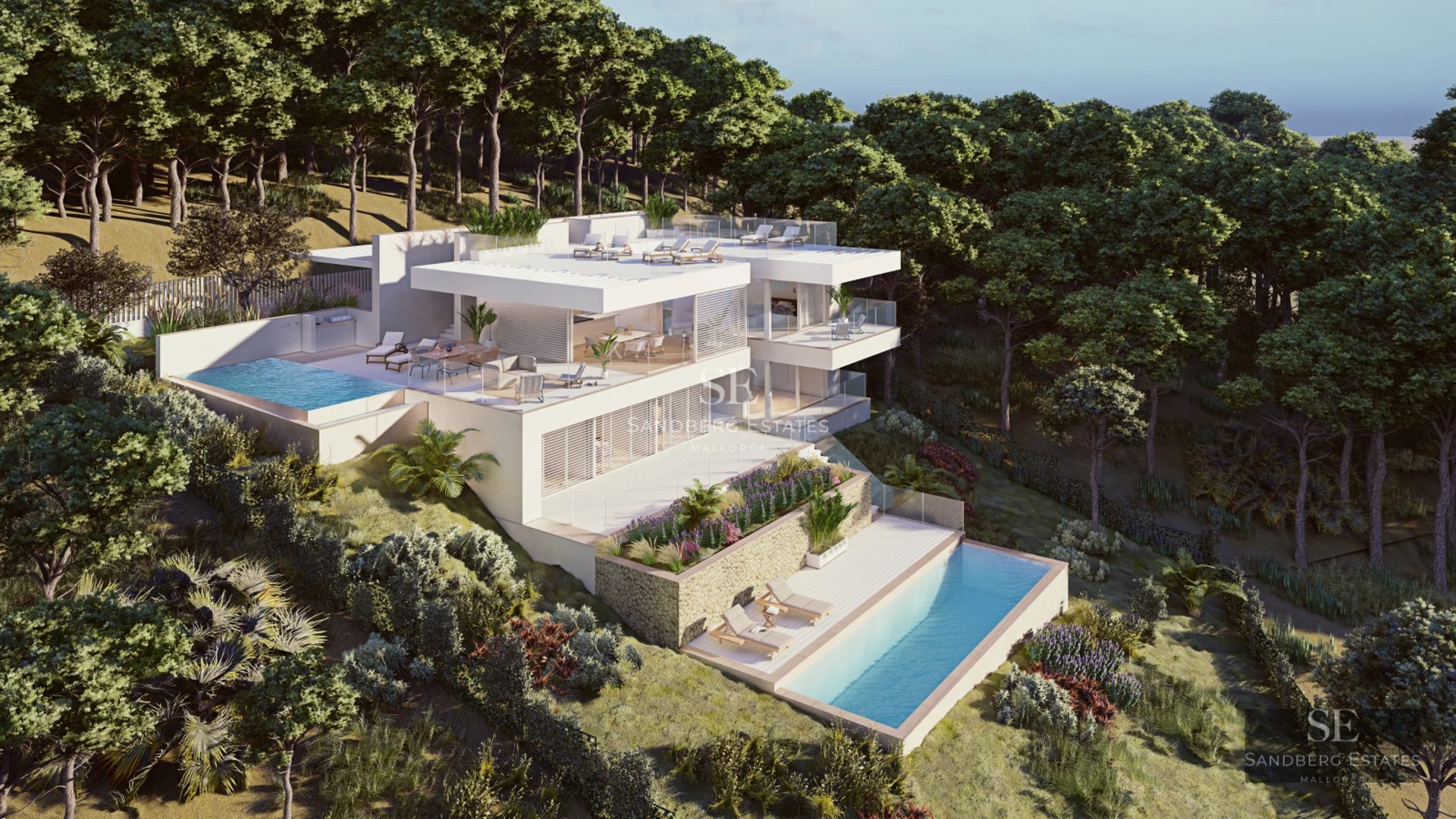 Expansive terrace with infinity pool. Panoramic views. Modern design. Stylish outdoor furniture. Ideal for relaxation.