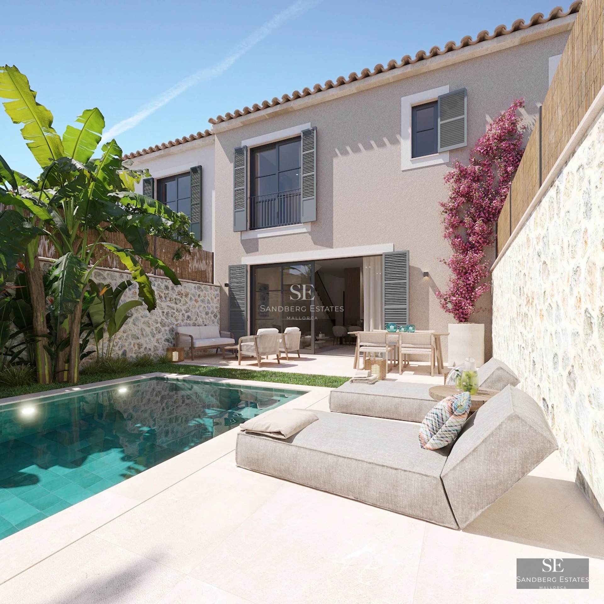 Exterior view of a modern villa with pool, lush garden, and expansive terraces. Clean and elegant architectural design.