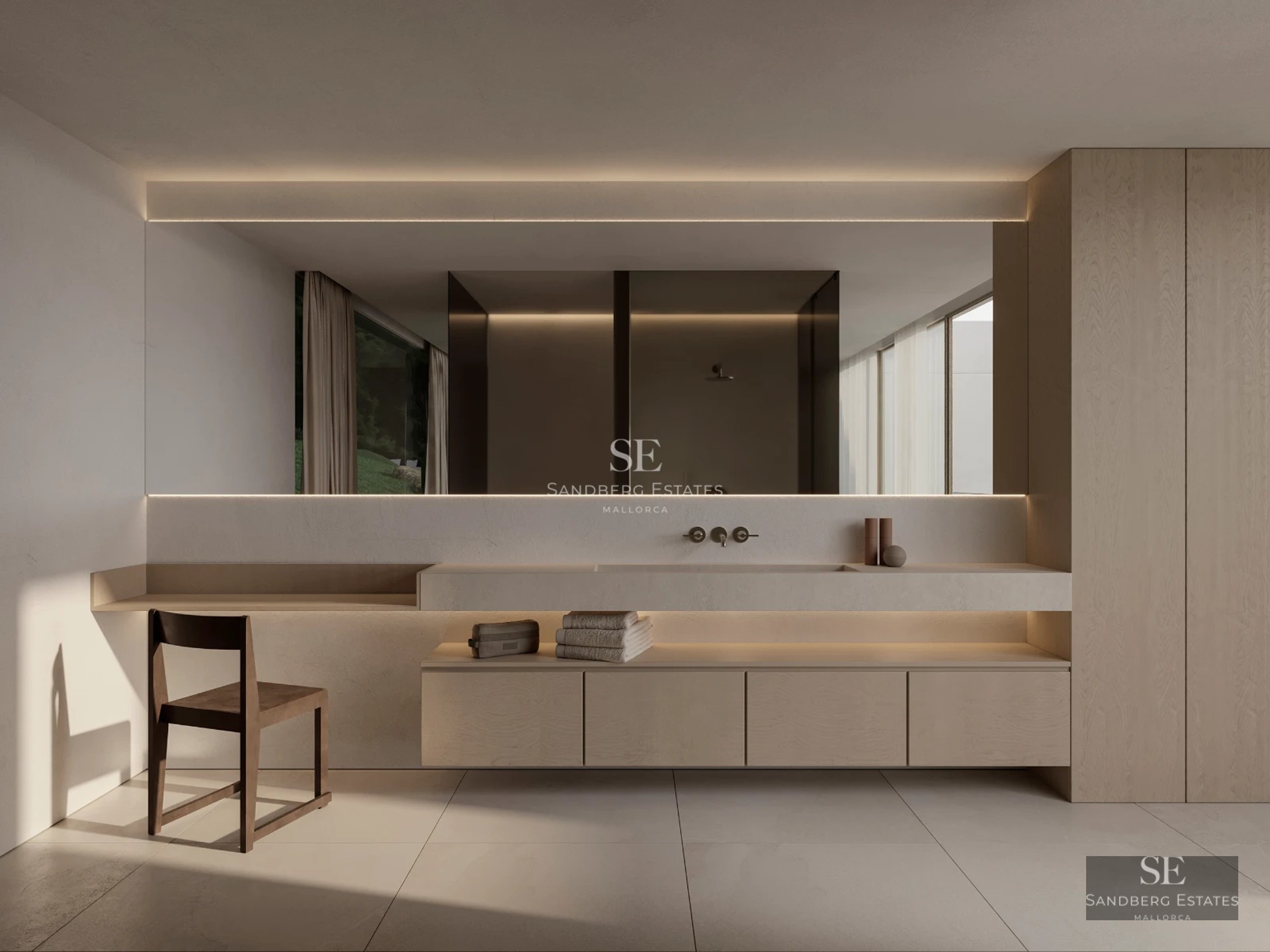 Spacious living room featuring floor-to-ceiling windows, light wood flooring, white sofas, and stunning Mediterranean Sea views from the terrace.