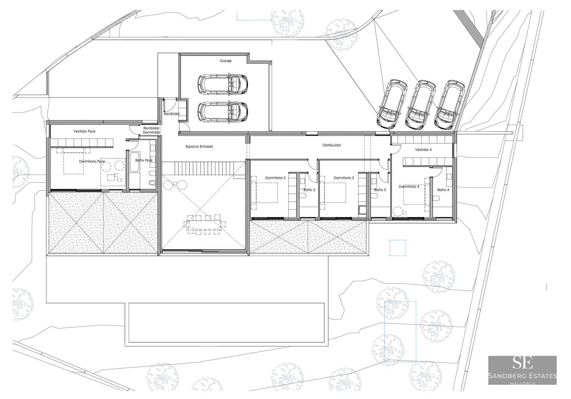 Plan technique montrant l'aménagement d'une villa de 4 chambres, salles de bains attenantes, garage et espaces extérieurs.