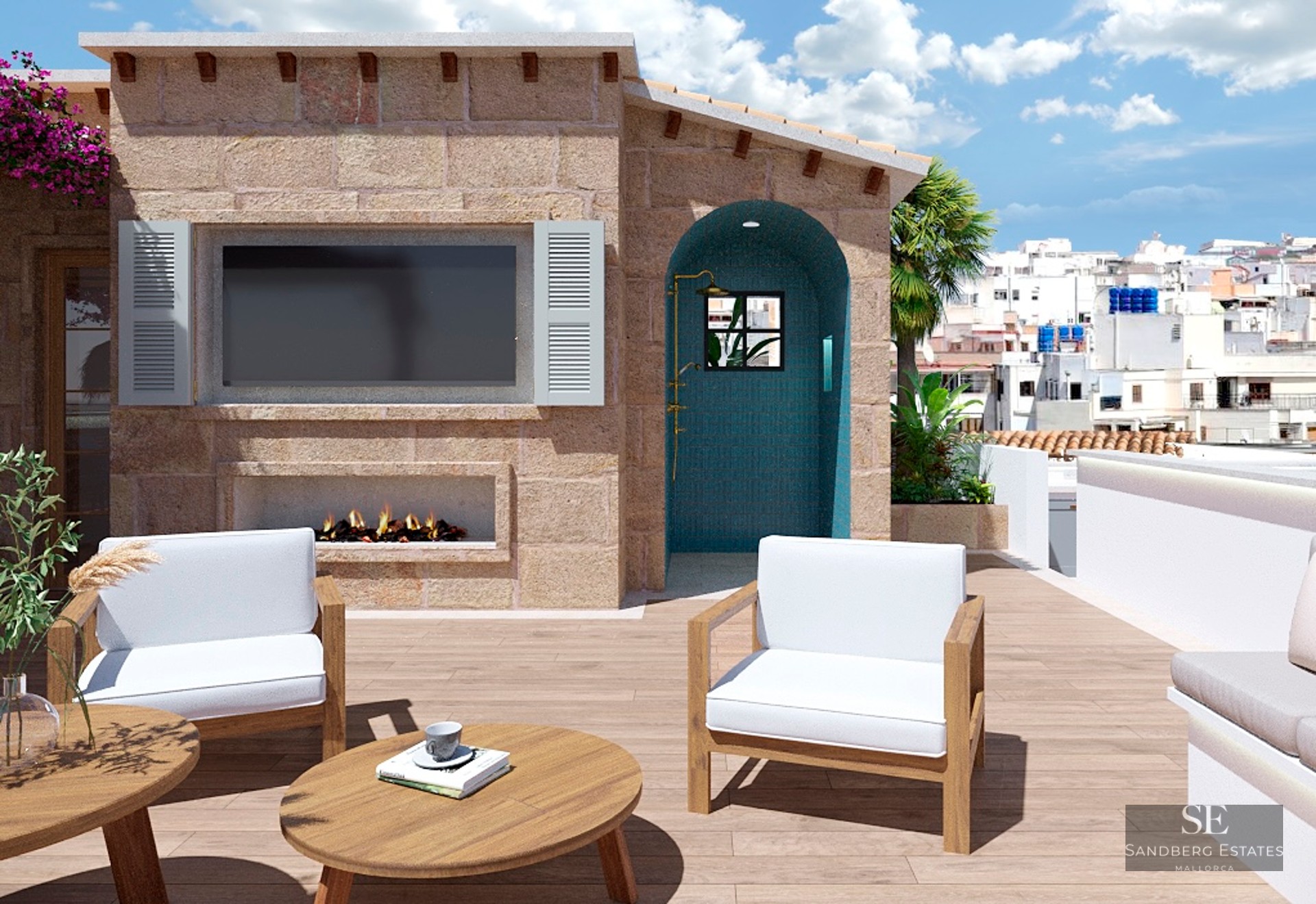 Rooftop terrace with wooden deck, stone wall, outdoor fireplace, TV, turquoise shower, and city view.