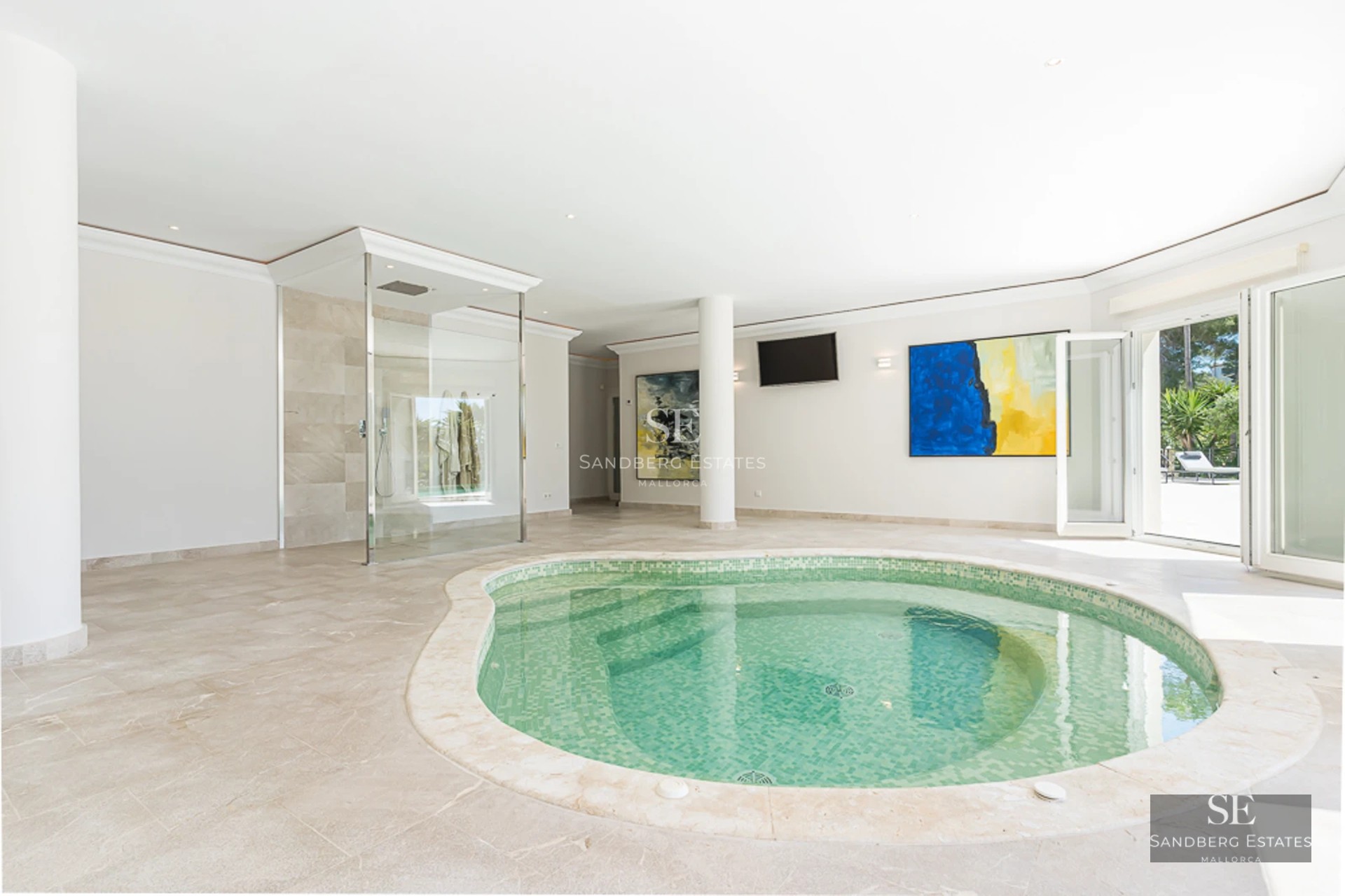 Exterior view of a modern villa featuring an infinity pool, lush garden, and spacious terraces. Minimalist and elegant architectural design.