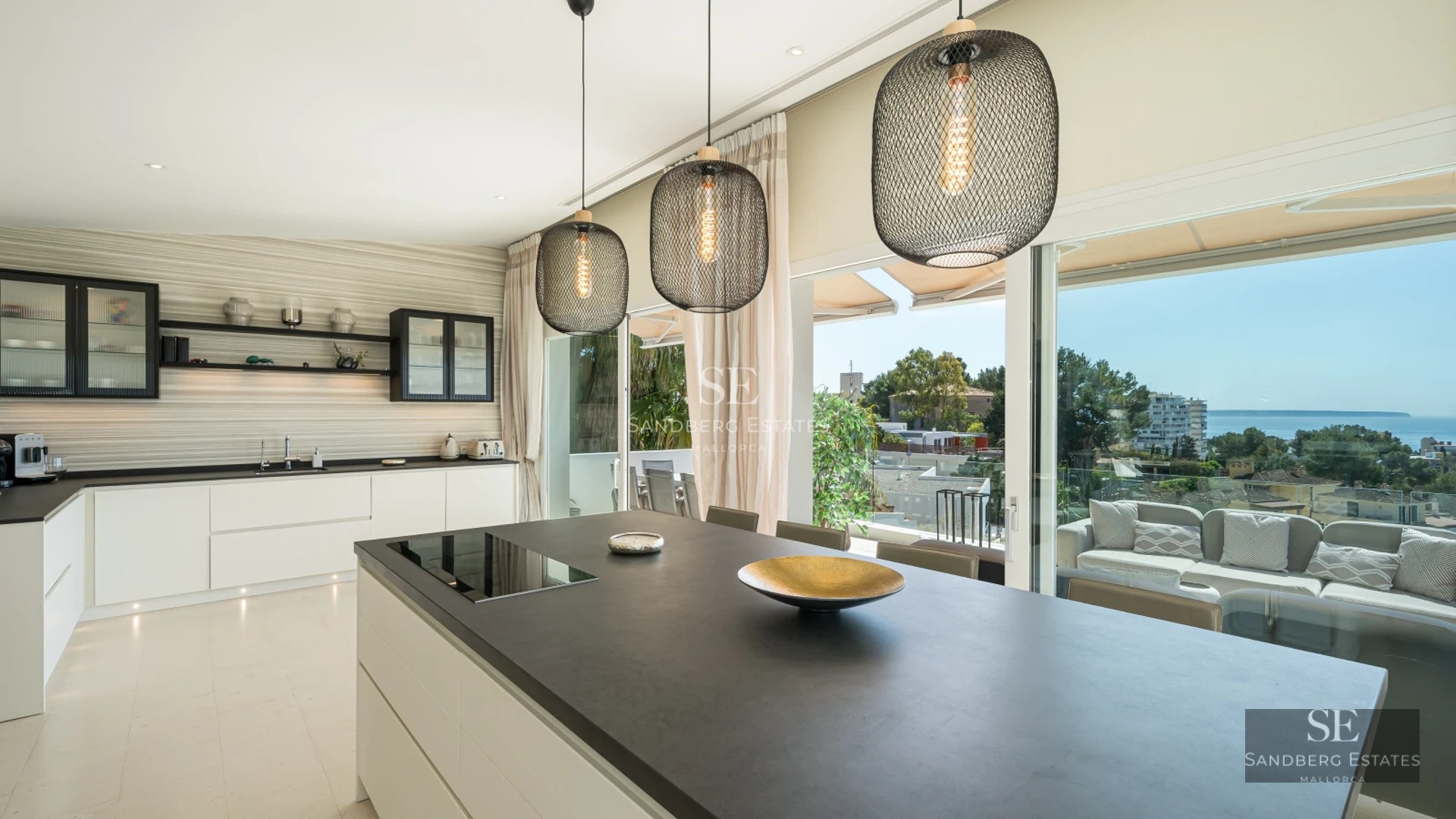 Exterior view of modern villa with infinity pool, terrace, and large windows. Minimalist design and lush gardens.