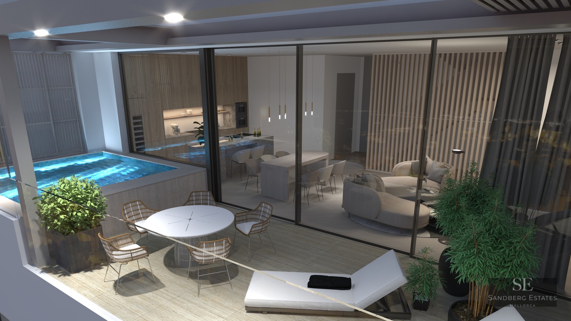 Evening view of a modern terrace with outdoor dining, sun lounger, and a glowing blue plunge pool by glass doors.