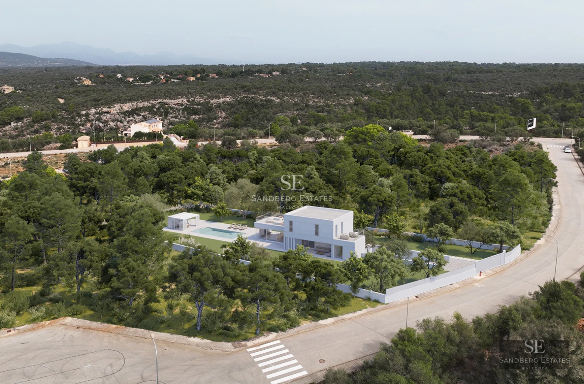 Spacious terrace featuring an infinity pool and ocean view. Modern architecture with sun loungers and an elegant design.