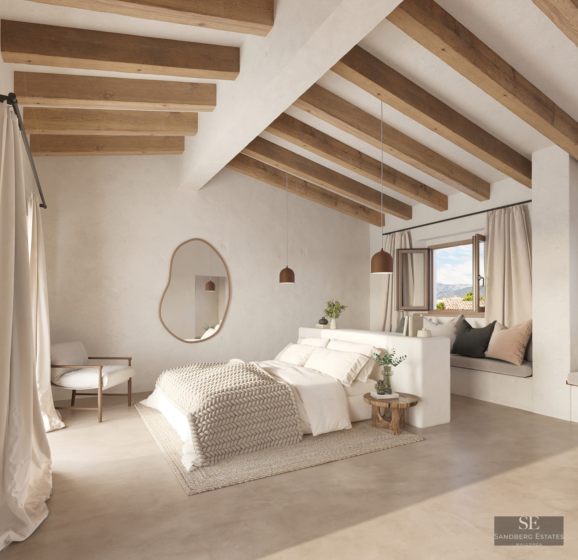 Bright bedroom with high ceilings, exposed wood beams, a large bed, and an organic-shaped wall mirror.