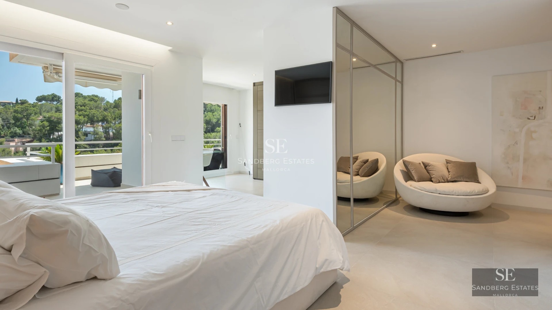 Exterior view of a modern villa with a pool, terrace, and large windows. Minimalist and elegant design with lush greenery.