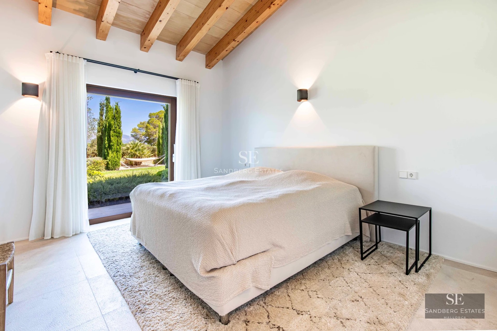 Exterior view of modern villa with infinity pool, lush garden, and expansive terraces. Minimalist architecture and panoramic windows.