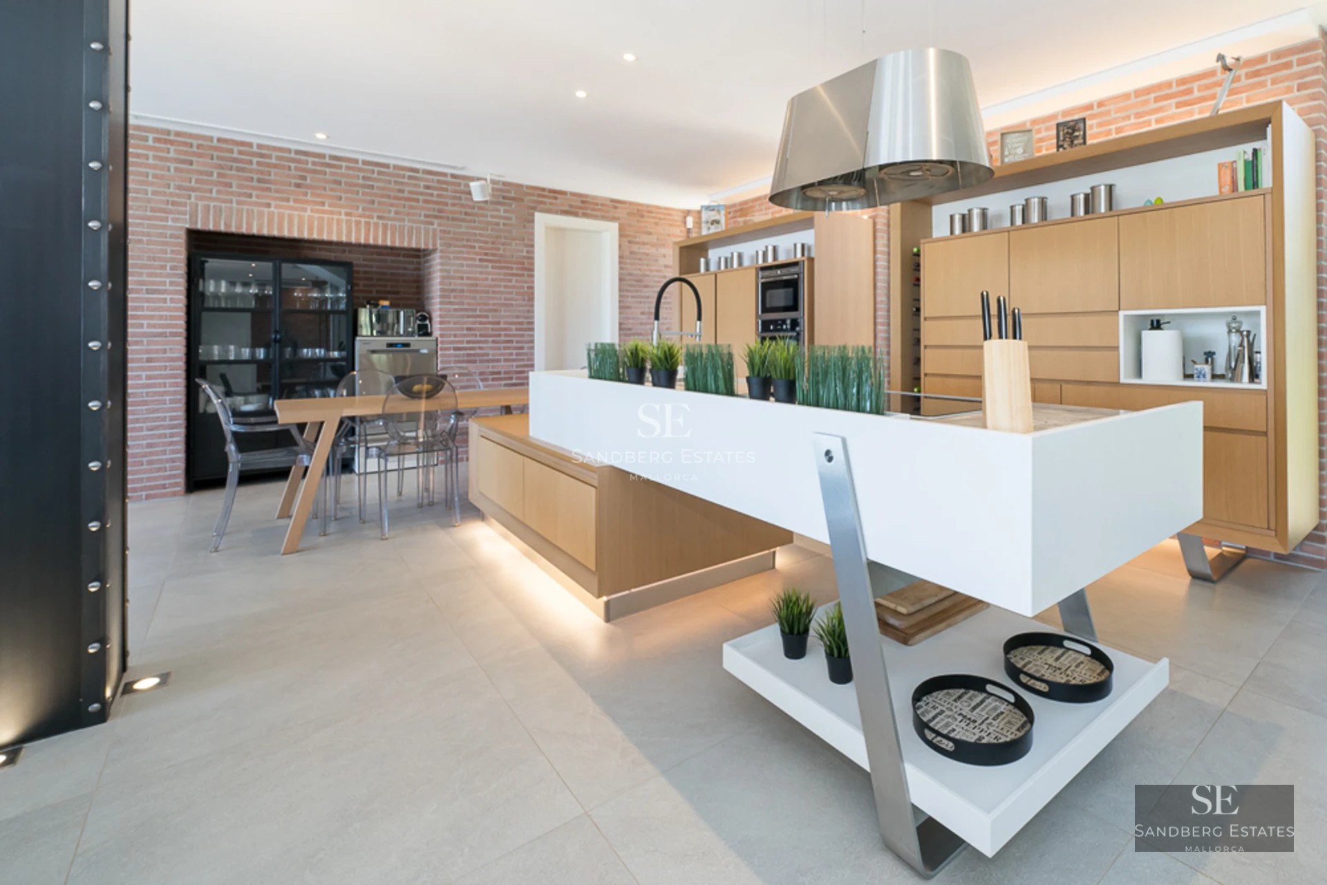 Exterior view of a modern villa featuring a pool, lush garden, and large windows. Minimalist and elegant design.