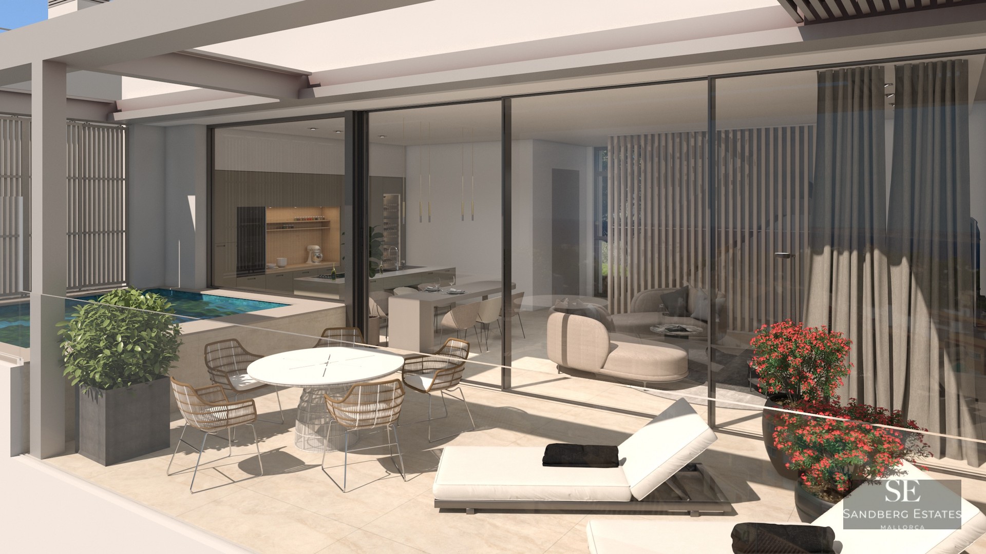 Modern terrace with dining area, sun loungers, and small pool next to glass-walled living and kitchen areas.