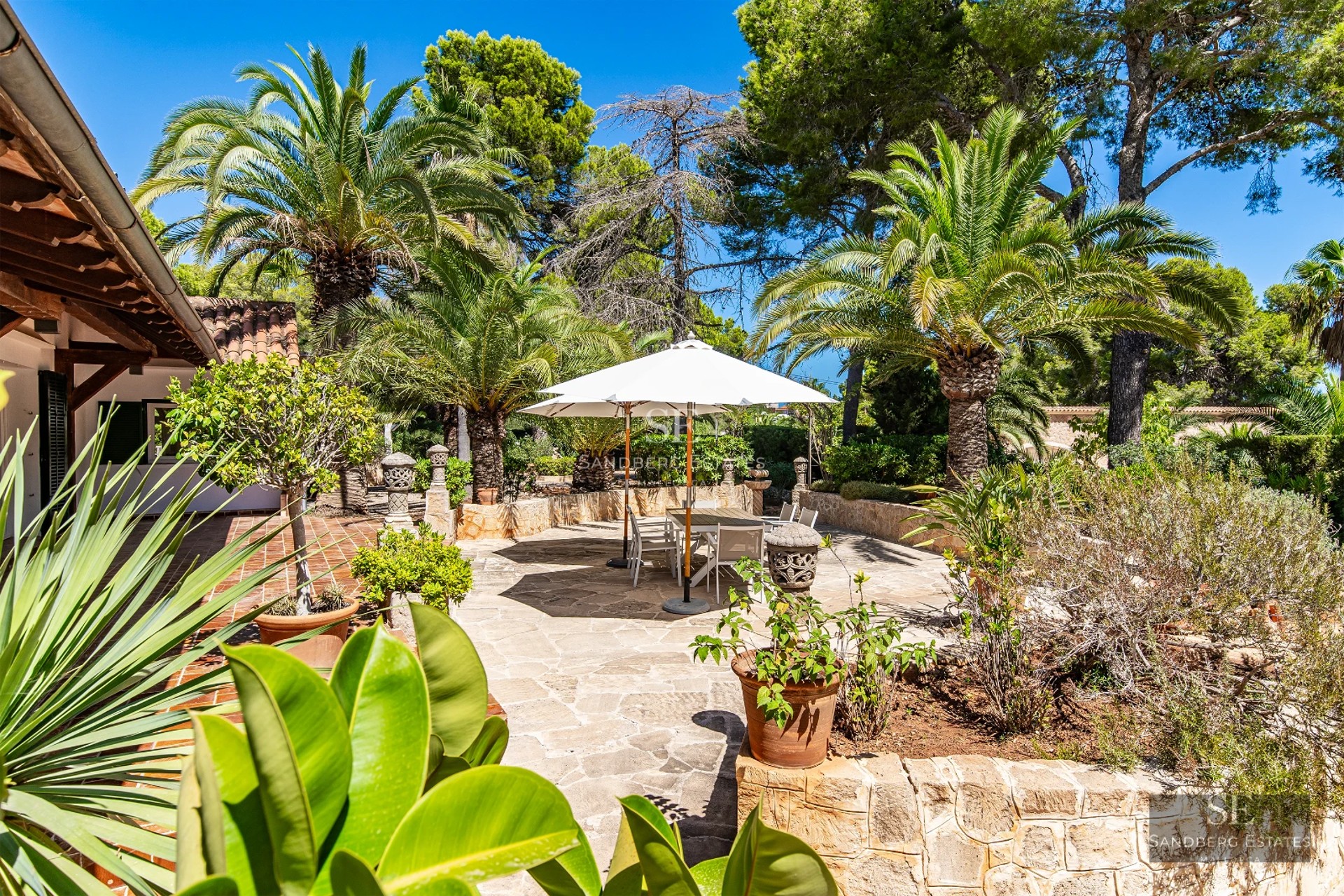 Exterior view of a modern villa featuring an infinity pool, lush garden, and contemporary architectural design. Luxury and comfort.