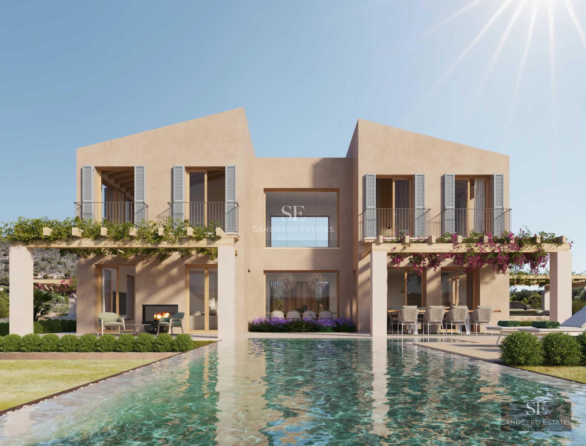 Spacious living room with fireplace, large windows and access to terrace. Modern design with stone and wood accents. Abundant natural light.