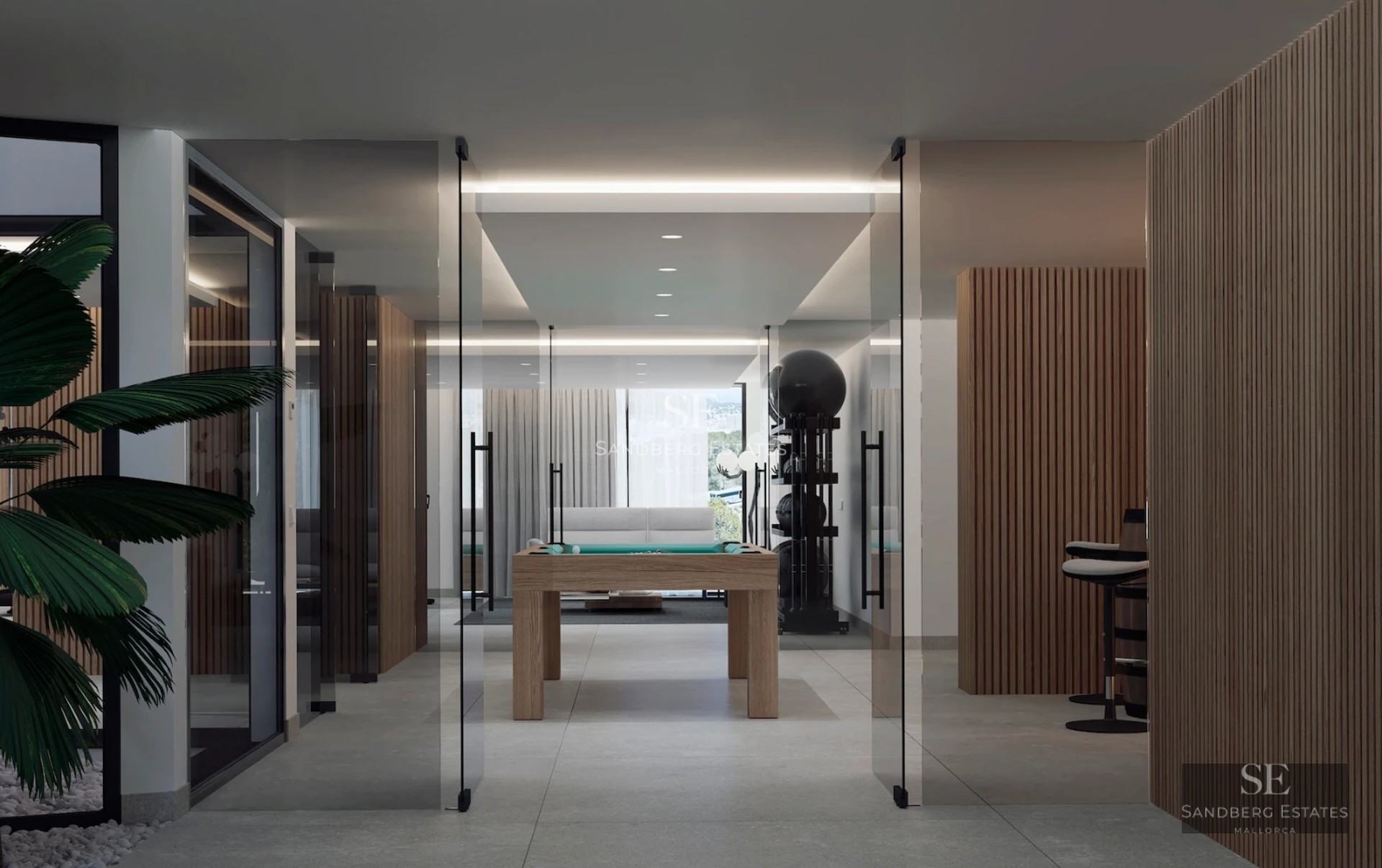 Exterior view of modern villa featuring a swimming pool, lush garden, and contemporary architecture. Soft ambient lighting.