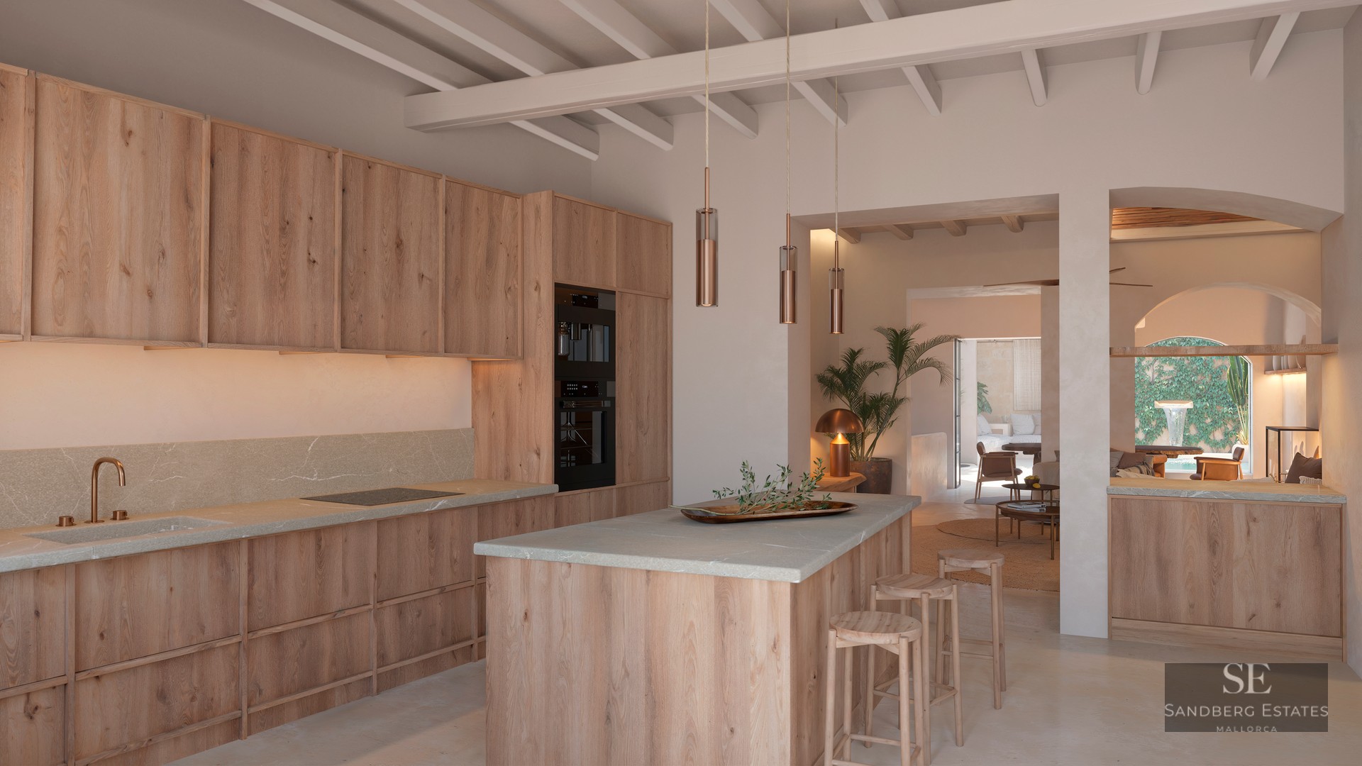 Modern kitchen featuring oak cabinetry, stone countertops, a large island with stools, and exposed ceiling beams.