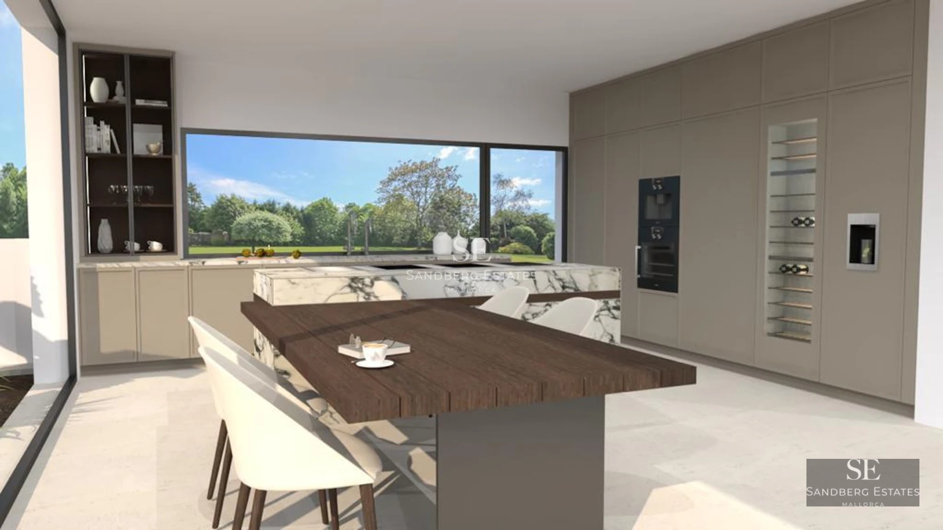 View of a luxurious modern villa with a pool. Minimalist design, large windows, and lush gardens. Contemporary architecture.