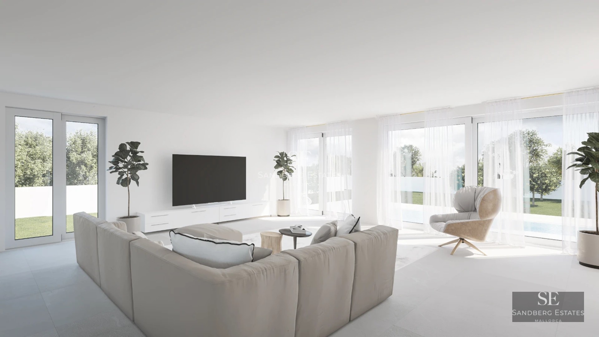 Spacious balcony with sea views from a modern apartment. Glass railing, stylish furniture, and minimalist design.