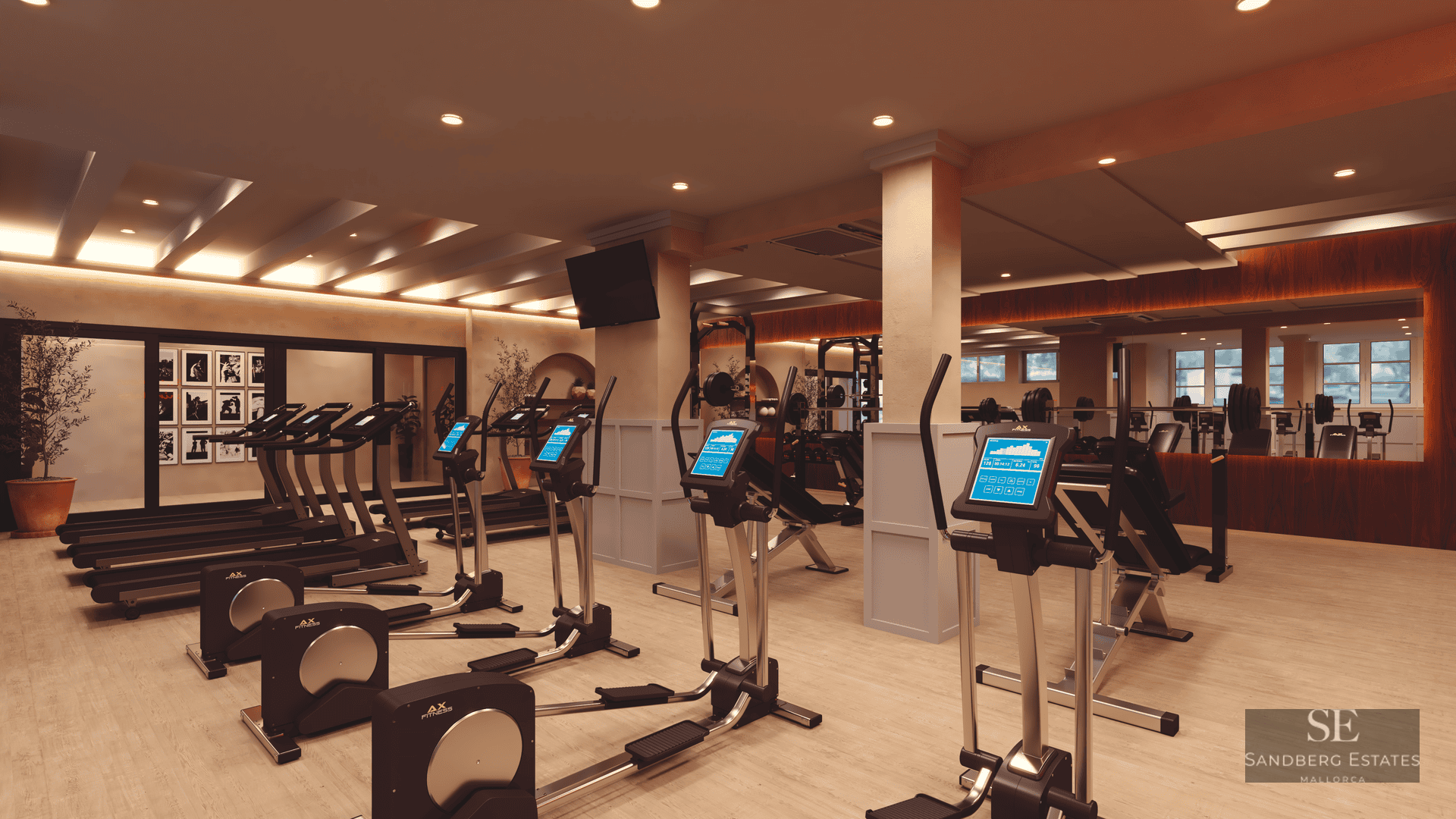 A spacious, well-lit modern gym with rows of treadmills and elliptical machines, warm lighting, and wood flooring.