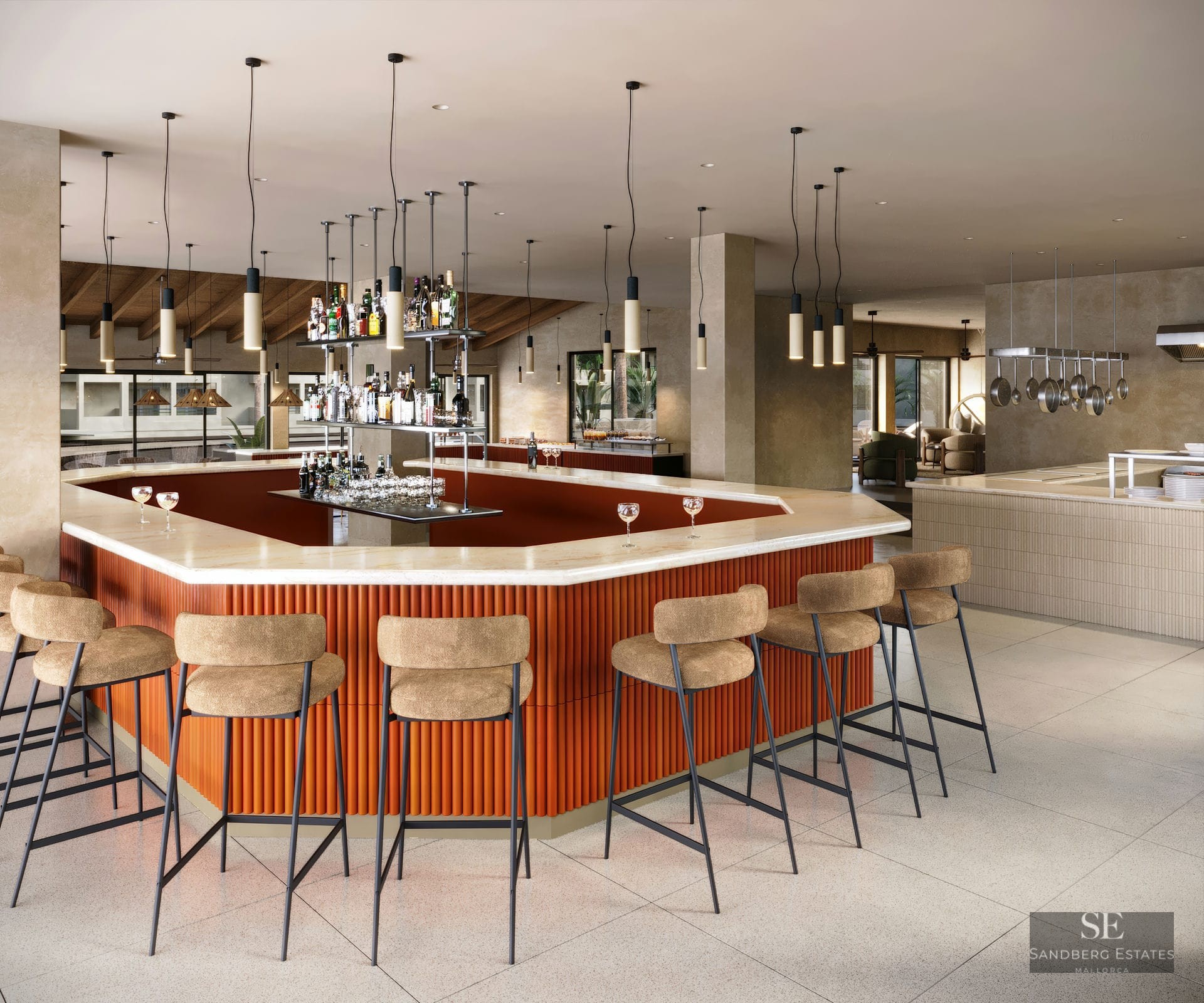 Modern bar with orange fluted base, marble top, and beige stools under hanging pendant lights in a spacious lounge.