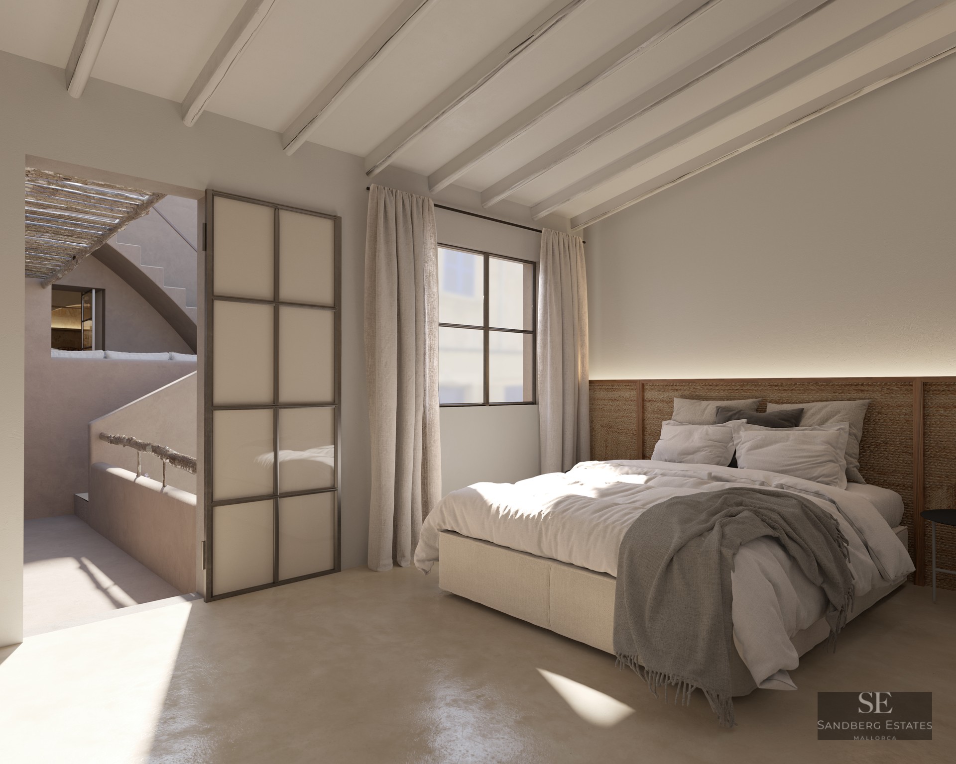 Modern Mediterranean bedroom with exposed white ceiling beams, a rattan headboard, and polished concrete floors.