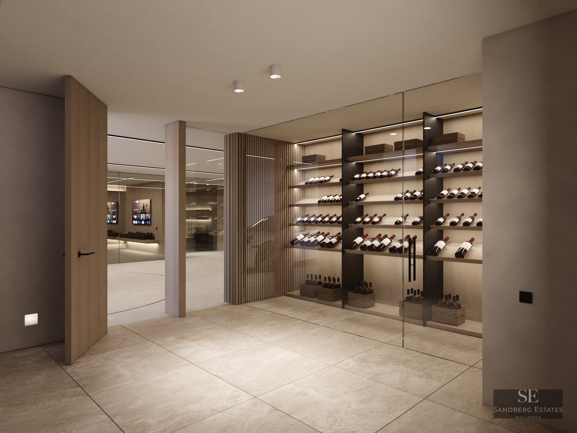 Luxury climate-controlled wine cellar with backlit wooden shelves and seamless glass walls.