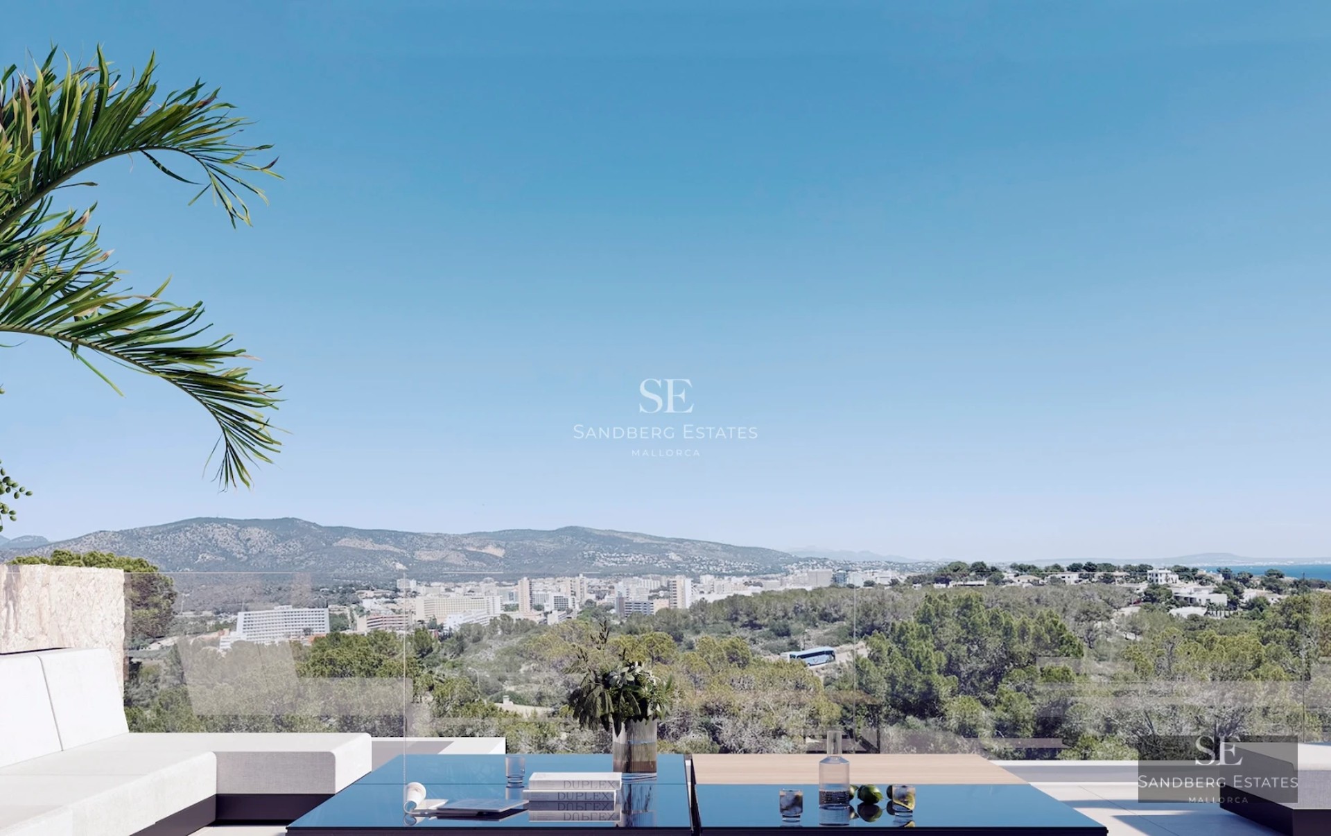 Exterior view of modern villa with infinity pool, large windows and minimalist design. Lush garden and blue sky.