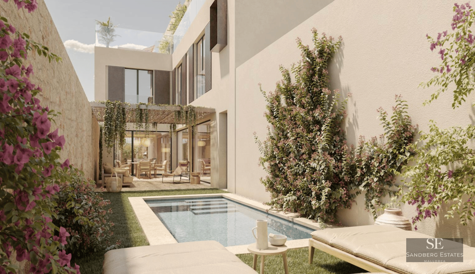 A sleek plunge pool in a Mediterranean-style garden with sun loungers, climbing flowers, and a shaded patio.