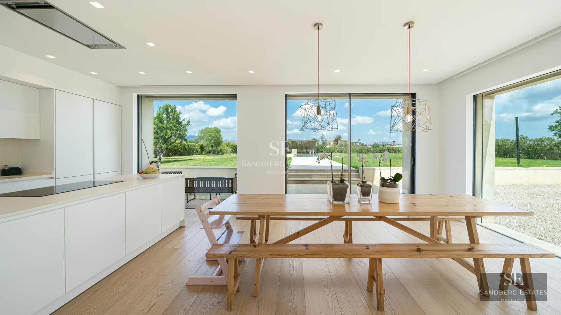 Spacious, bright living room featuring modern sofas, elegant fireplace, and large windows overlooking the outdoors. Minimalist and cozy interior.