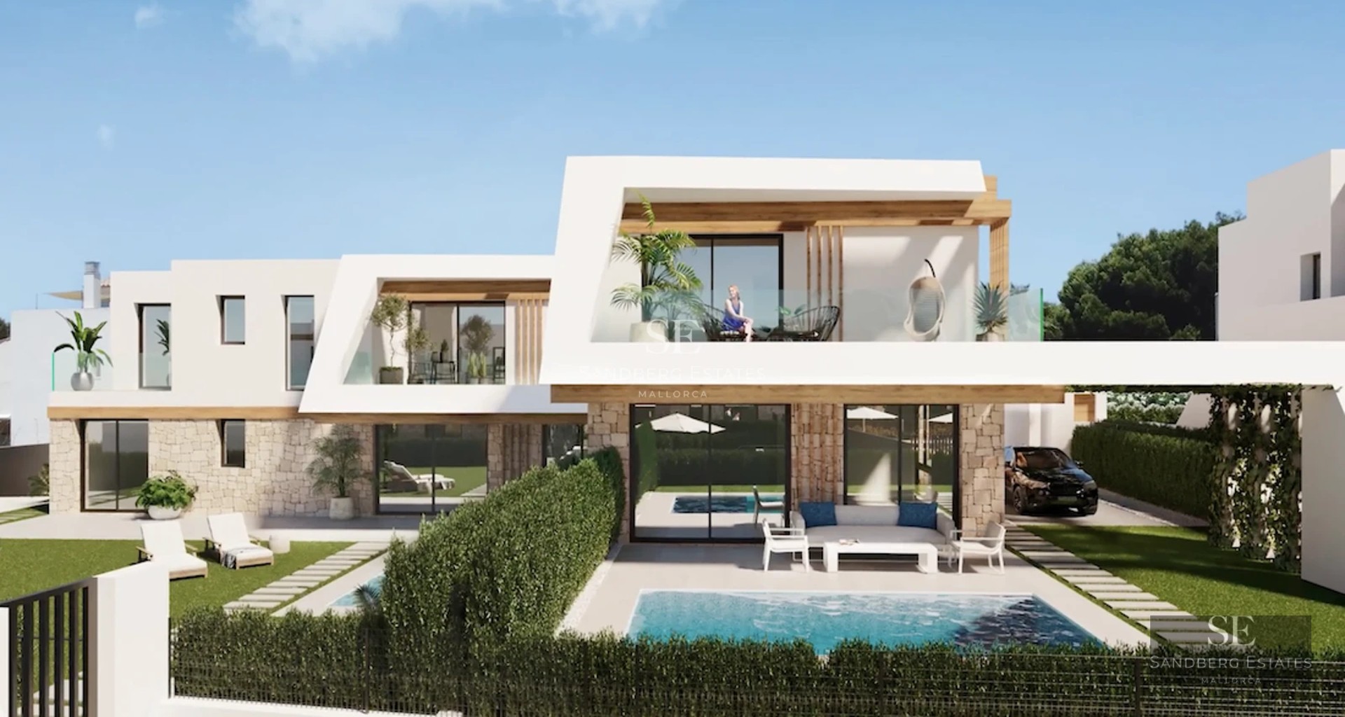 Exterior view of a modern villa featuring an infinity pool, spacious terrace, and lush garden. Minimalist and elegant architectural design.