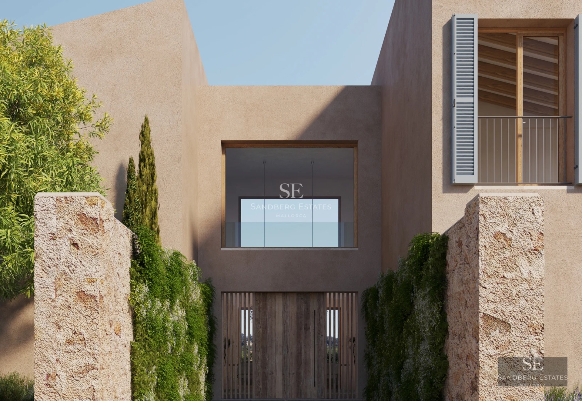 Exterior view of a modern villa featuring a swimming pool, lounge chairs, and lush vegetation. Contemporary architecture with large windows.