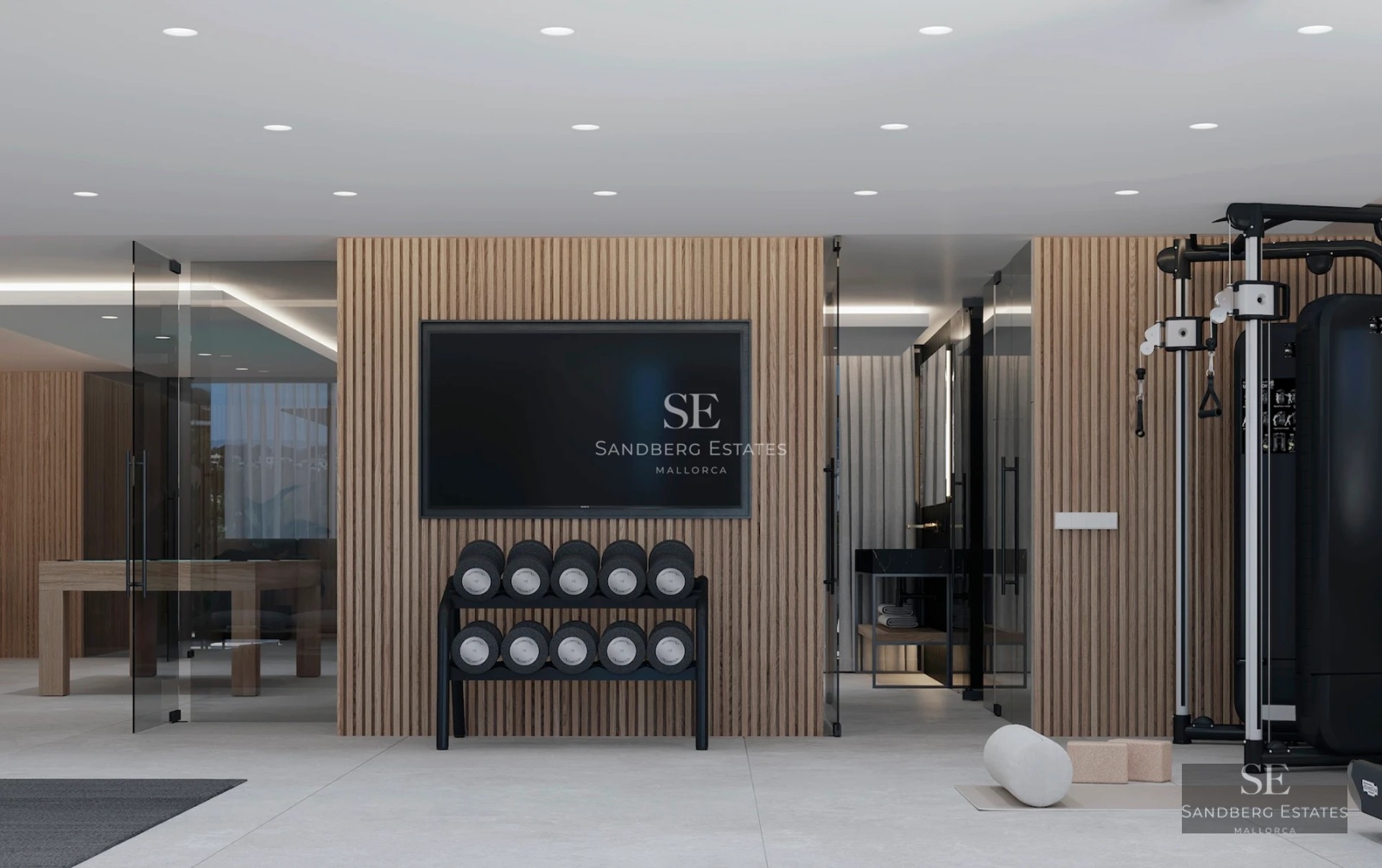View of a modern villa with infinity pool, lounge chairs, and lush greenery. Minimalist architecture with large windows and spacious terrace.